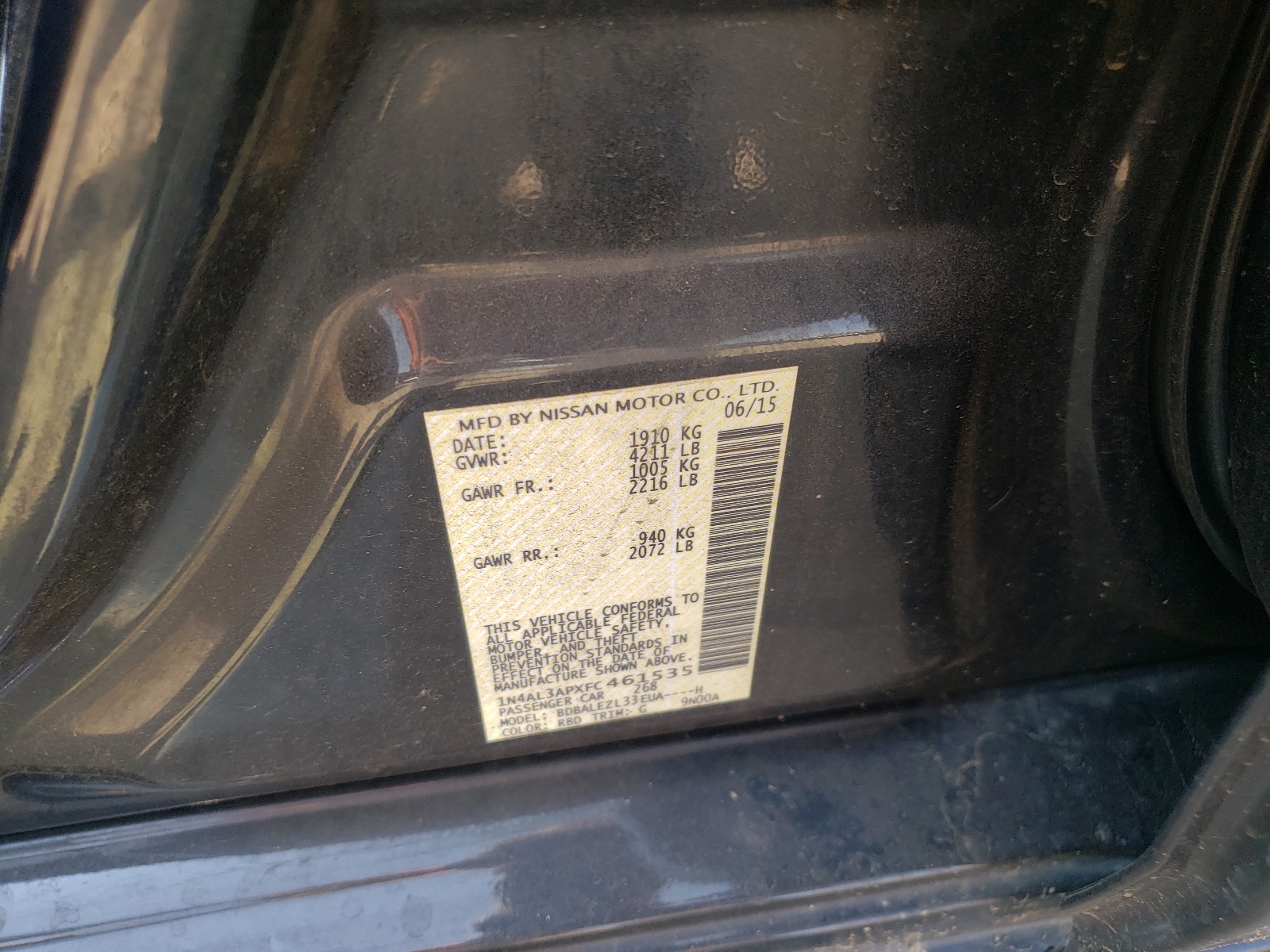 Photo 10 from auction – 2015 NISSAN ALTIMA 2.5 with VIN 1N4AL3APXFC461535