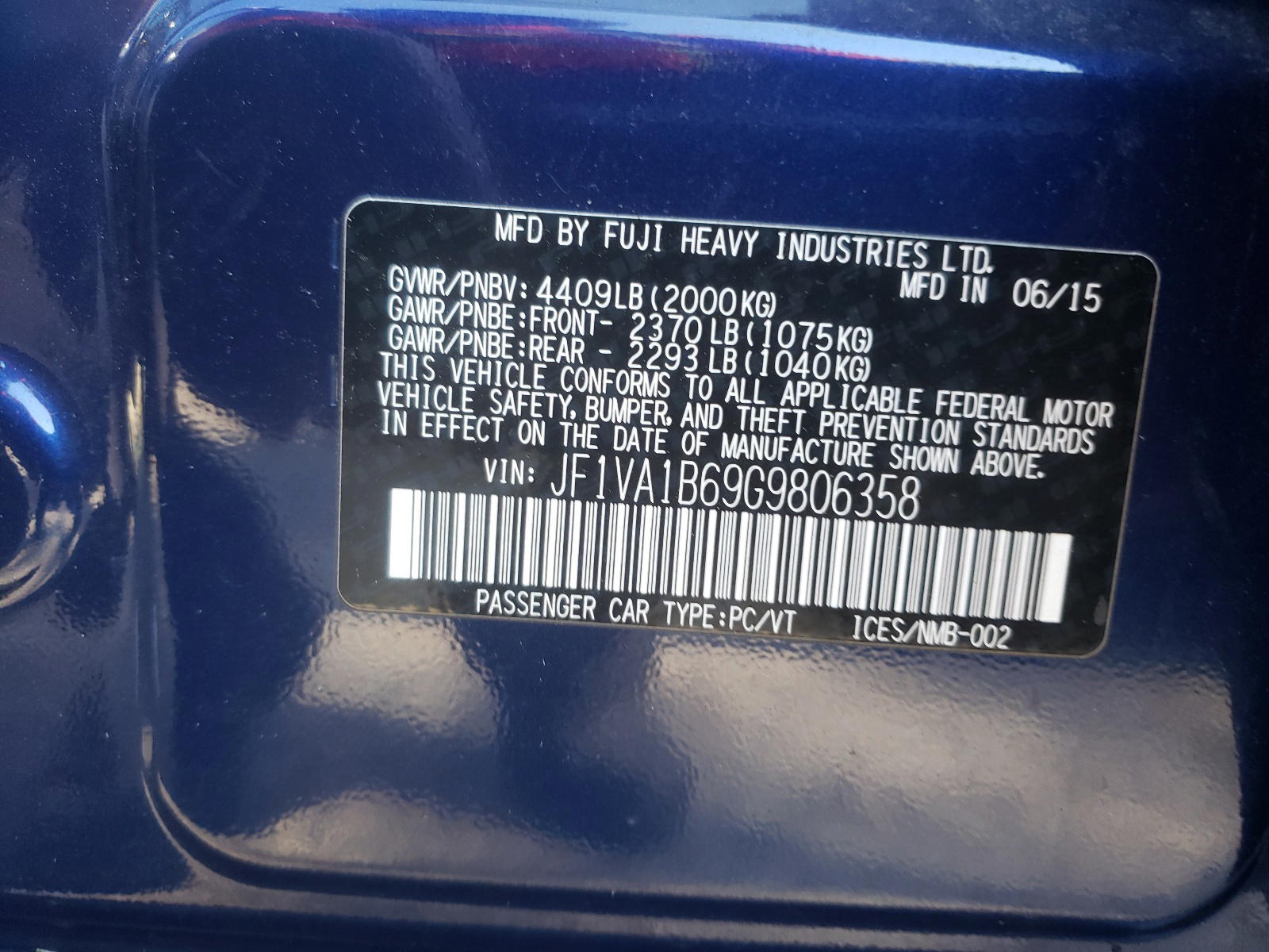 Photo 10 from auction – 2016 SUBARU WRX with VIN JF1VA1B69G9806358