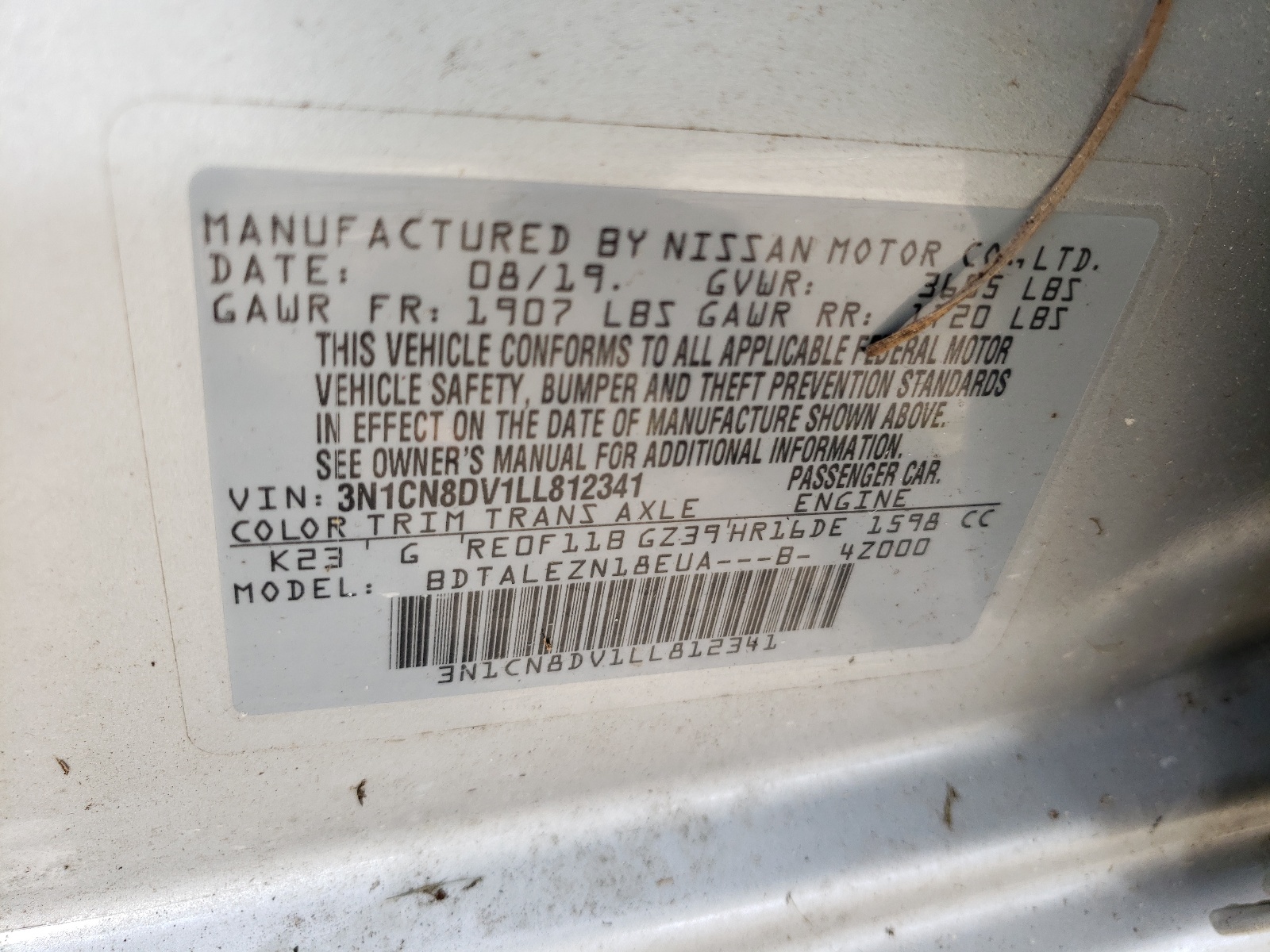 Photo 10 from auction – 2020 NISSAN VERSA S with VIN 3N1CN8DV1LL812341