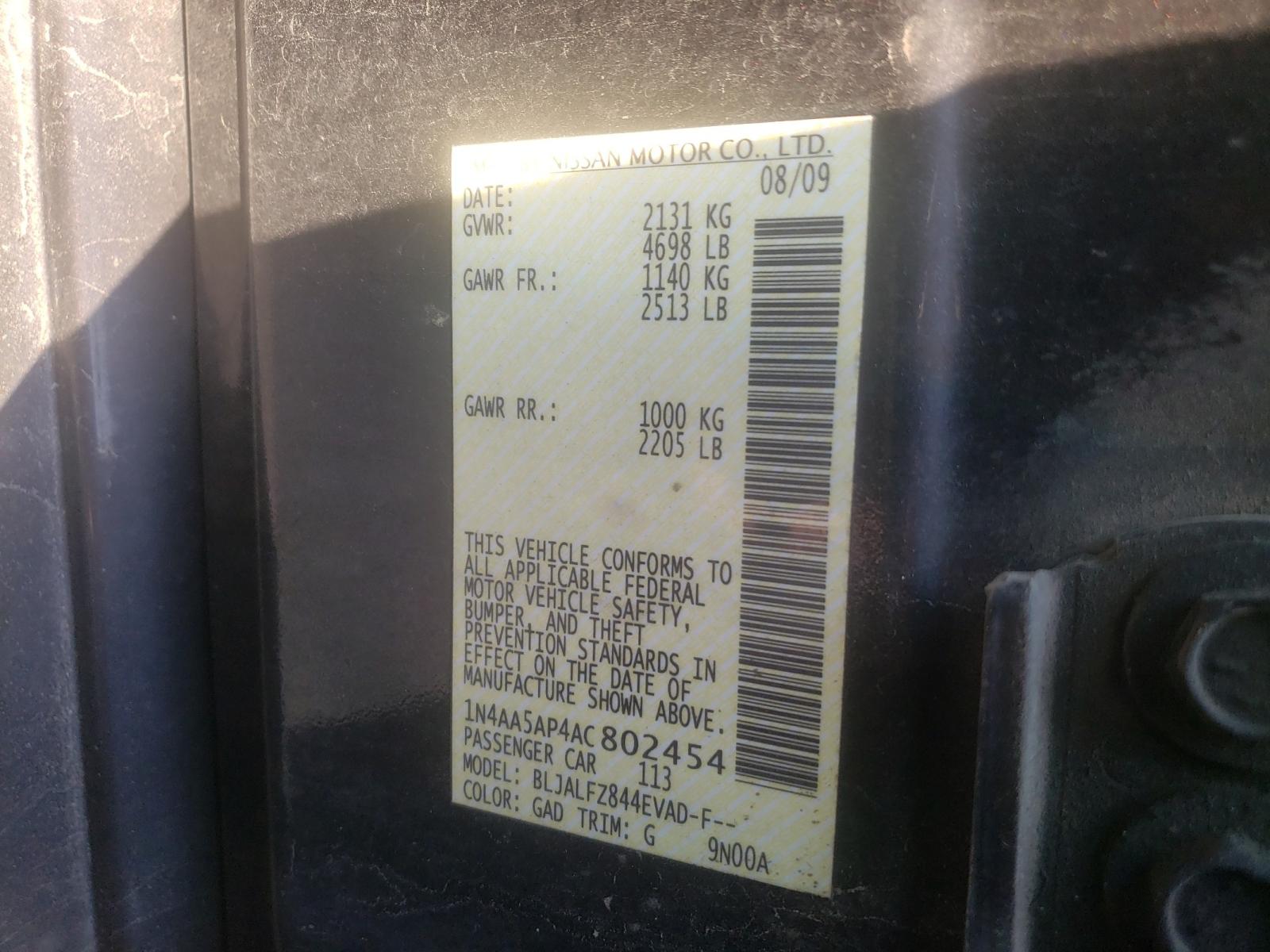 Photo 10 from auction – 2010 NISSAN MAXIMA S with VIN 1N4AA5AP4AC802454