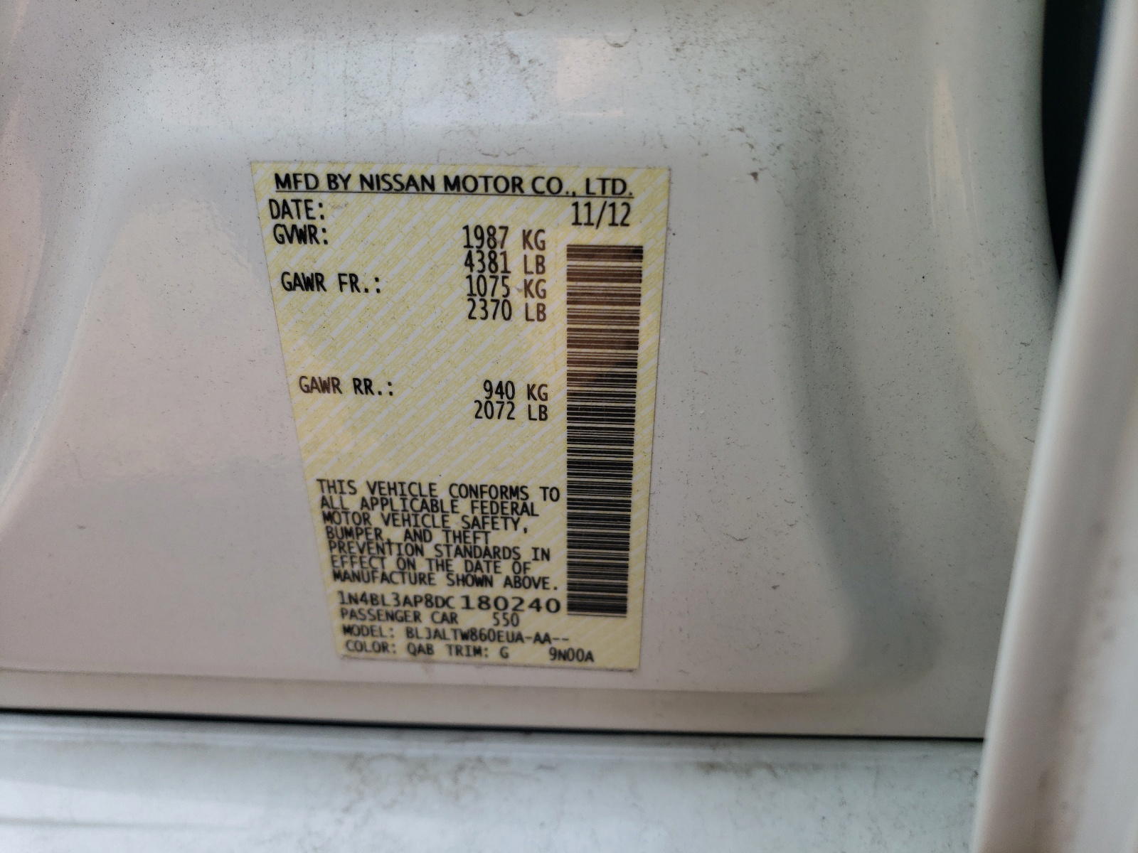Photo 10 from auction – 2013 NISSAN ALTIMA 3.5 with VIN 1N4BL3AP8DC180240