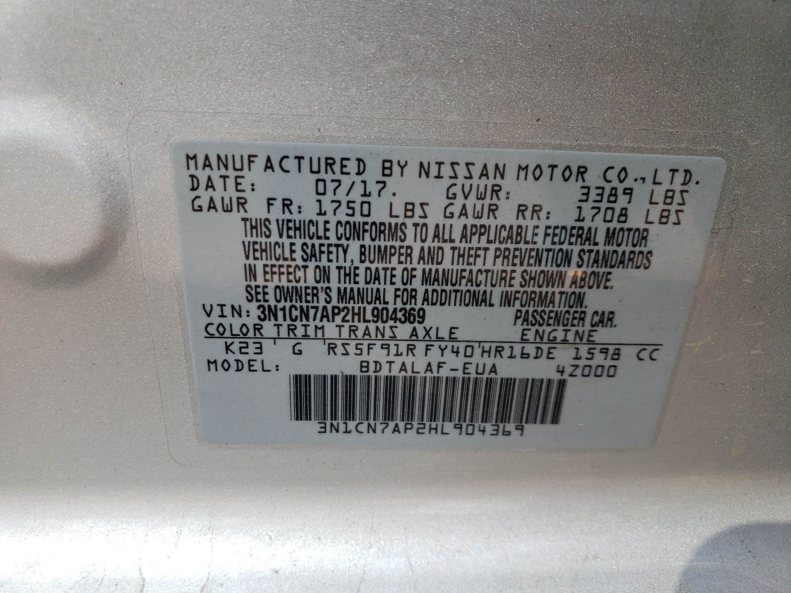 Photo 10 from auction – 2017 NISSAN VERSA S with VIN 3N1CN7AP2HL904369
