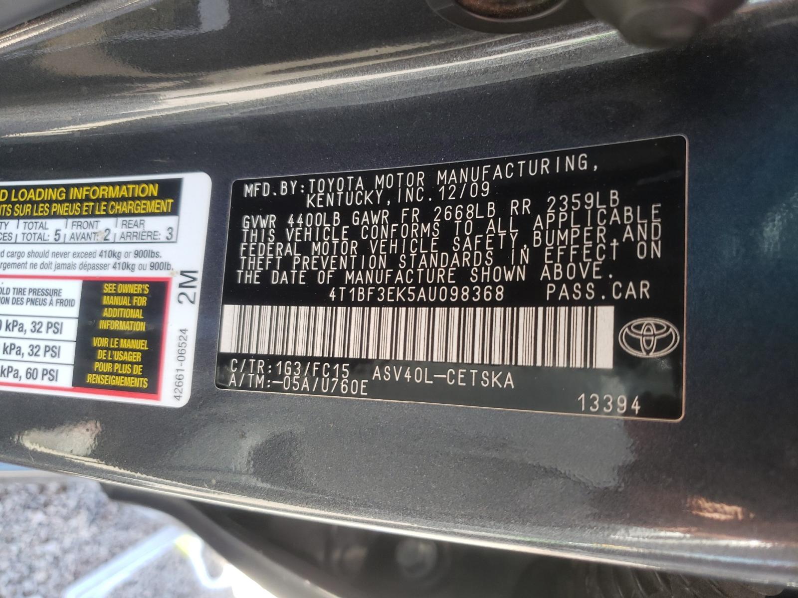 Photo 10 from auction – 2010 TOYOTA CAMRY BASE with VIN 4T1BF3EK5AU098368