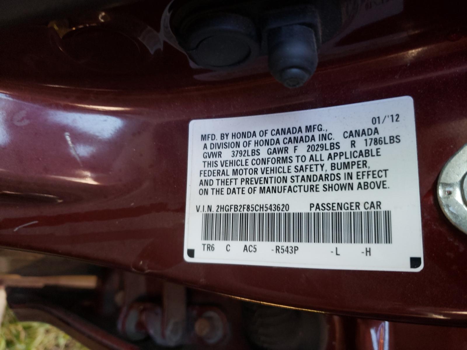 Photo 10 from auction – 2012 HONDA CIVIC EX with VIN 2HGFB2F85CH543620