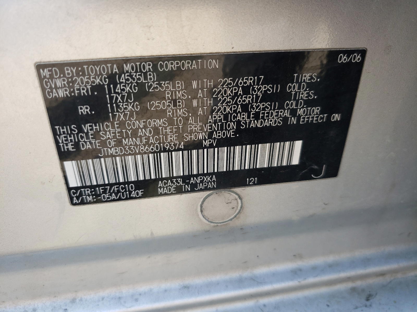 Photo 10 from auction – 2006 TOYOTA RAV4 with VIN JTMBD33V866019374