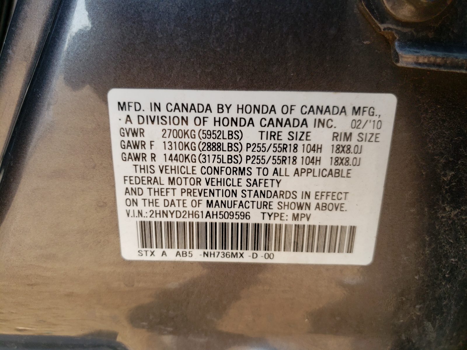 Photo 10 from auction – 2010 ACURA MDX TECHNO with VIN 2HNYD2H61AH509596
