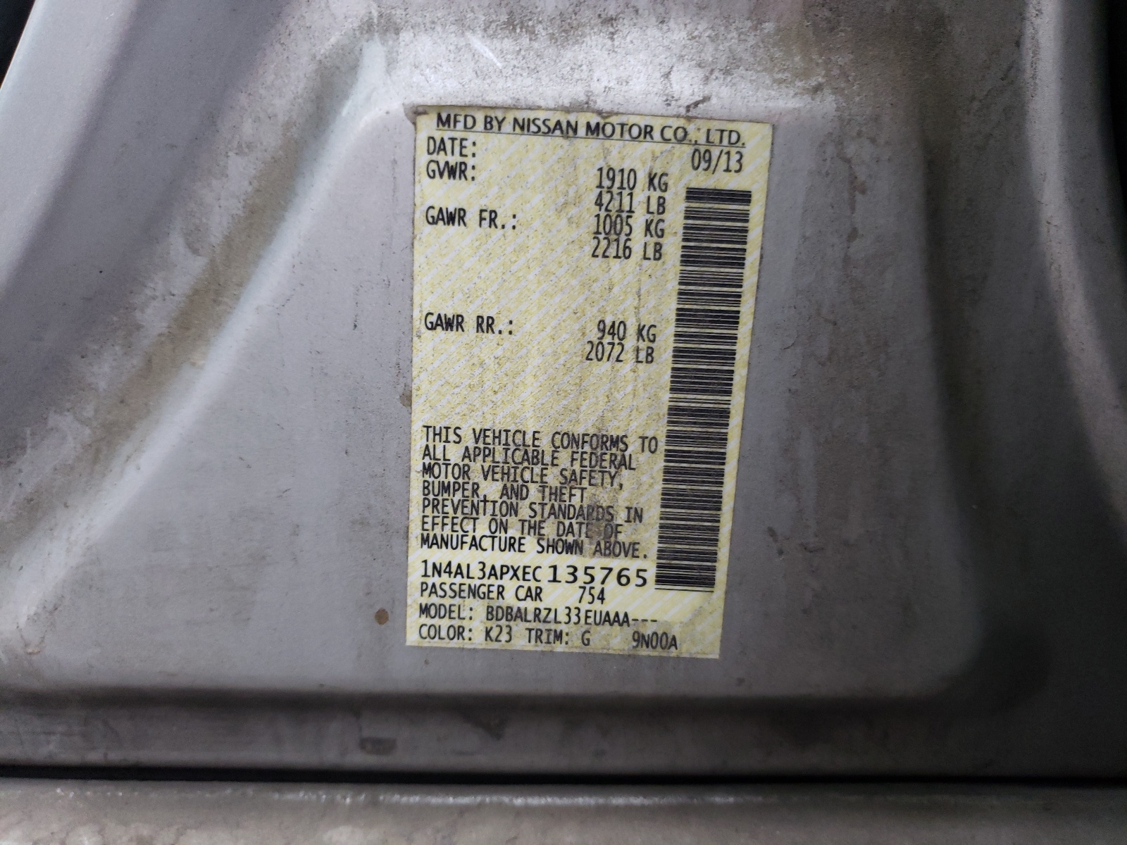 Photo 10 from auction – 2014 NISSAN ALTIMA 2.5 with VIN 1N4AL3APXEC135765