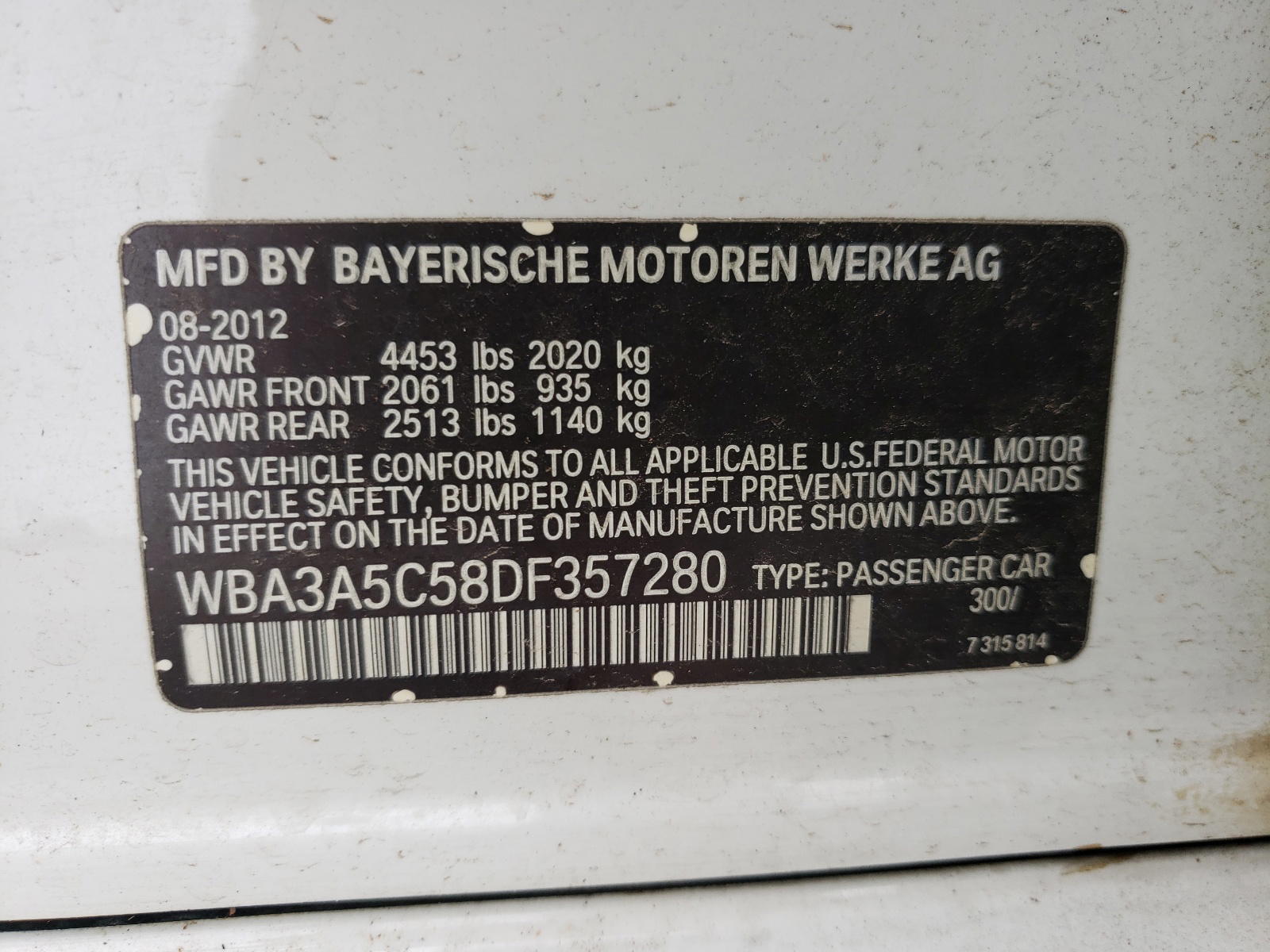 Photo 10 from auction – 2013 BMW 328 I with VIN WBA3A5C58DF357280