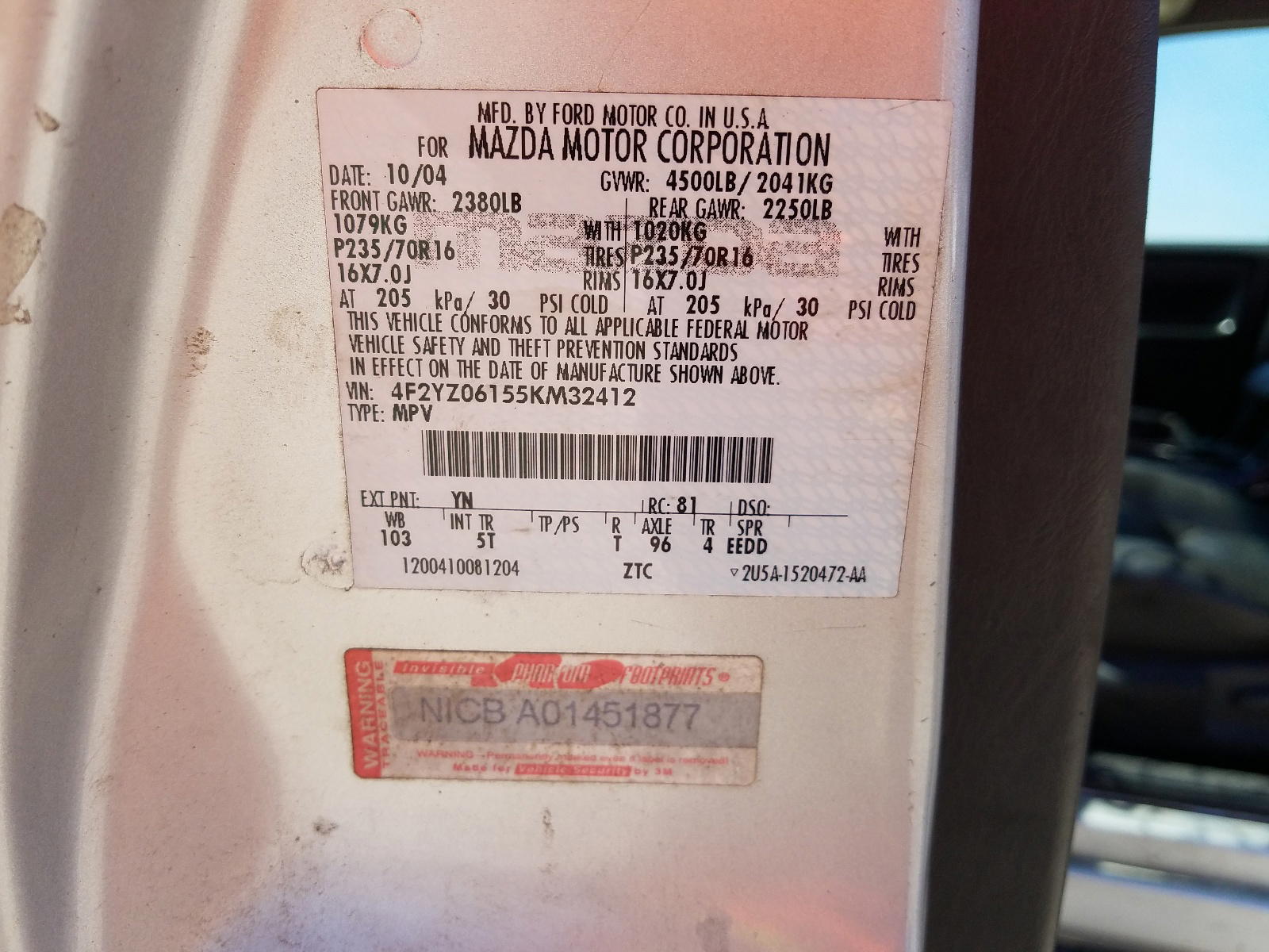 Photo 10 from auction – 2005 MAZDA TRIBUTE S with VIN 4F2YZ06155KM32412