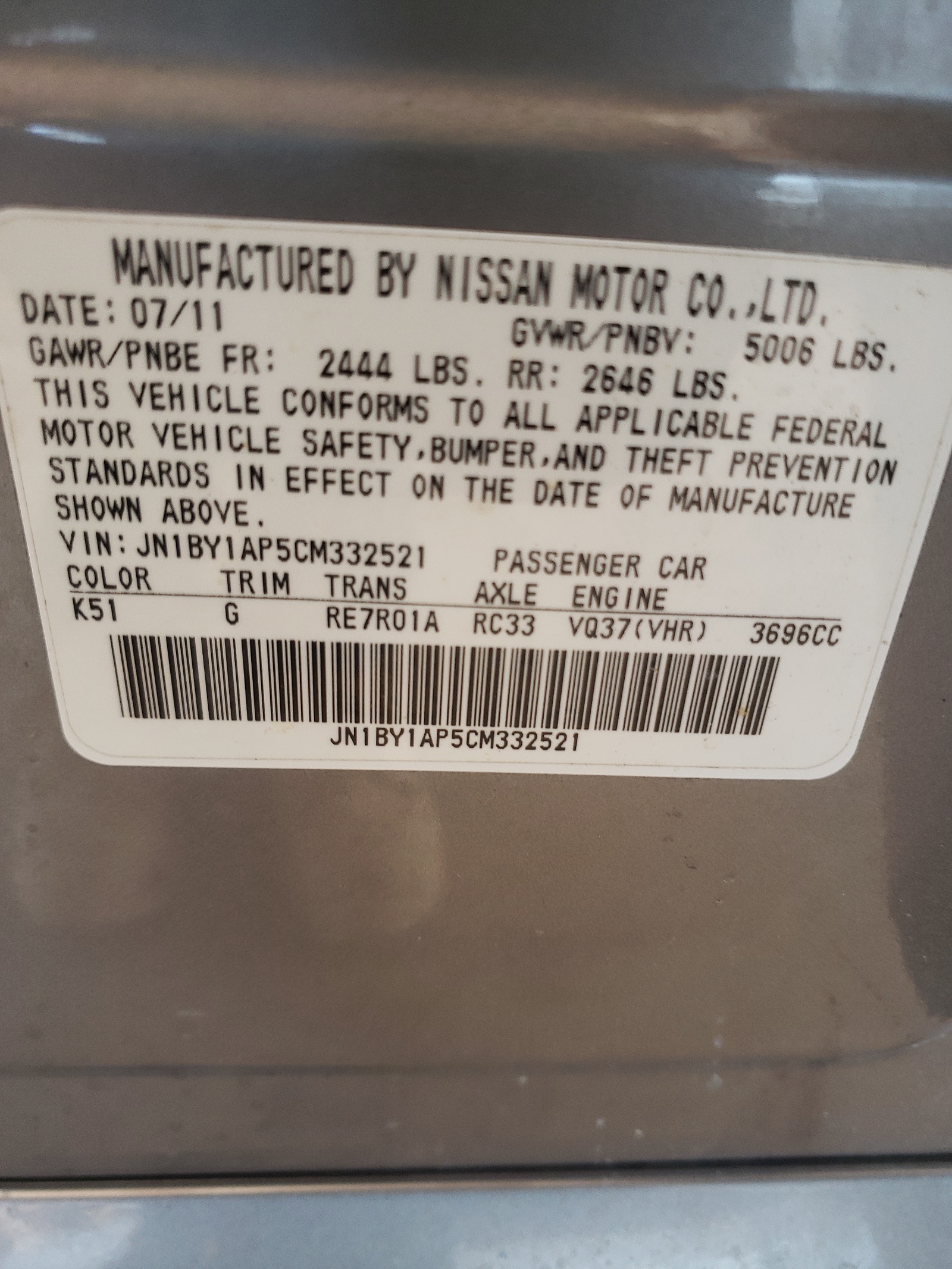 Photo 10 from auction – 2012 INFINITI M37 with VIN JN1BY1AP5CM332521