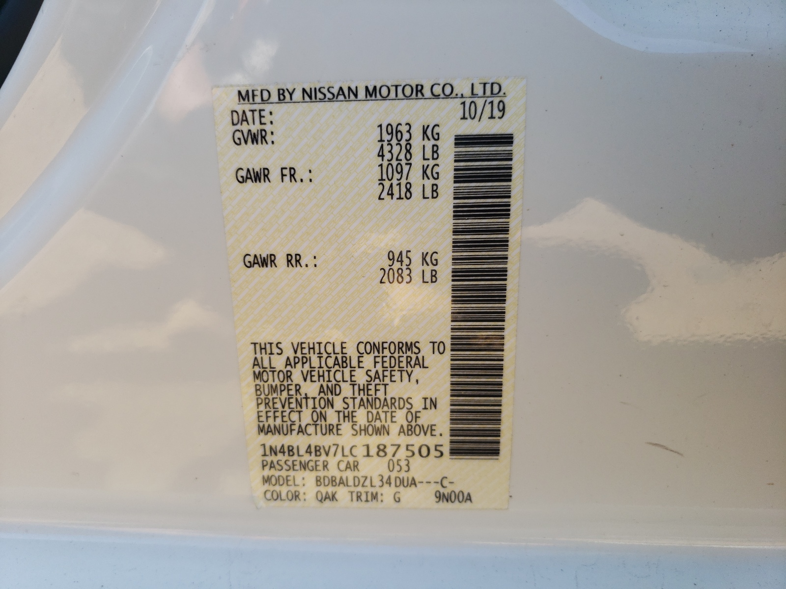 Photo 10 from auction – 2020 NISSAN ALTIMA S with VIN 1N4BL4BV7LC187505