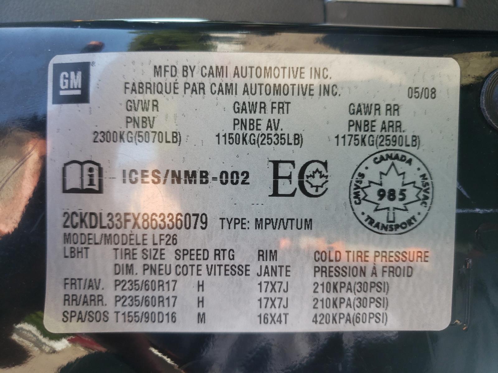 Photo 10 from auction – 2008 PONTIAC TORRENT with VIN 2CKDL33FX86336079