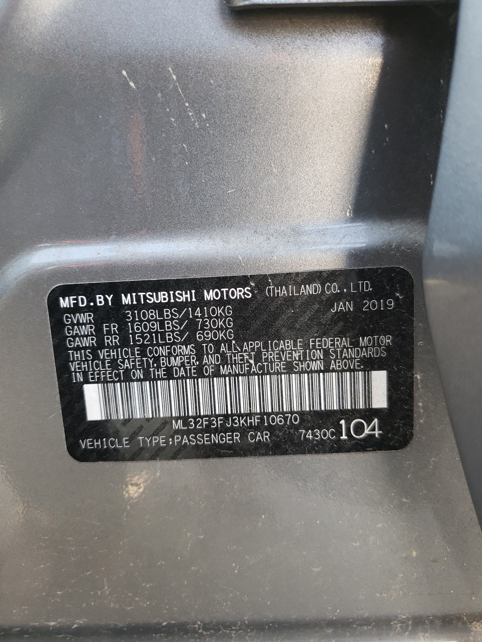 Photo 10 from auction – 2019 MITSUBISHI MIRAGE G4 with VIN ML32F3FJ3KHF10670
