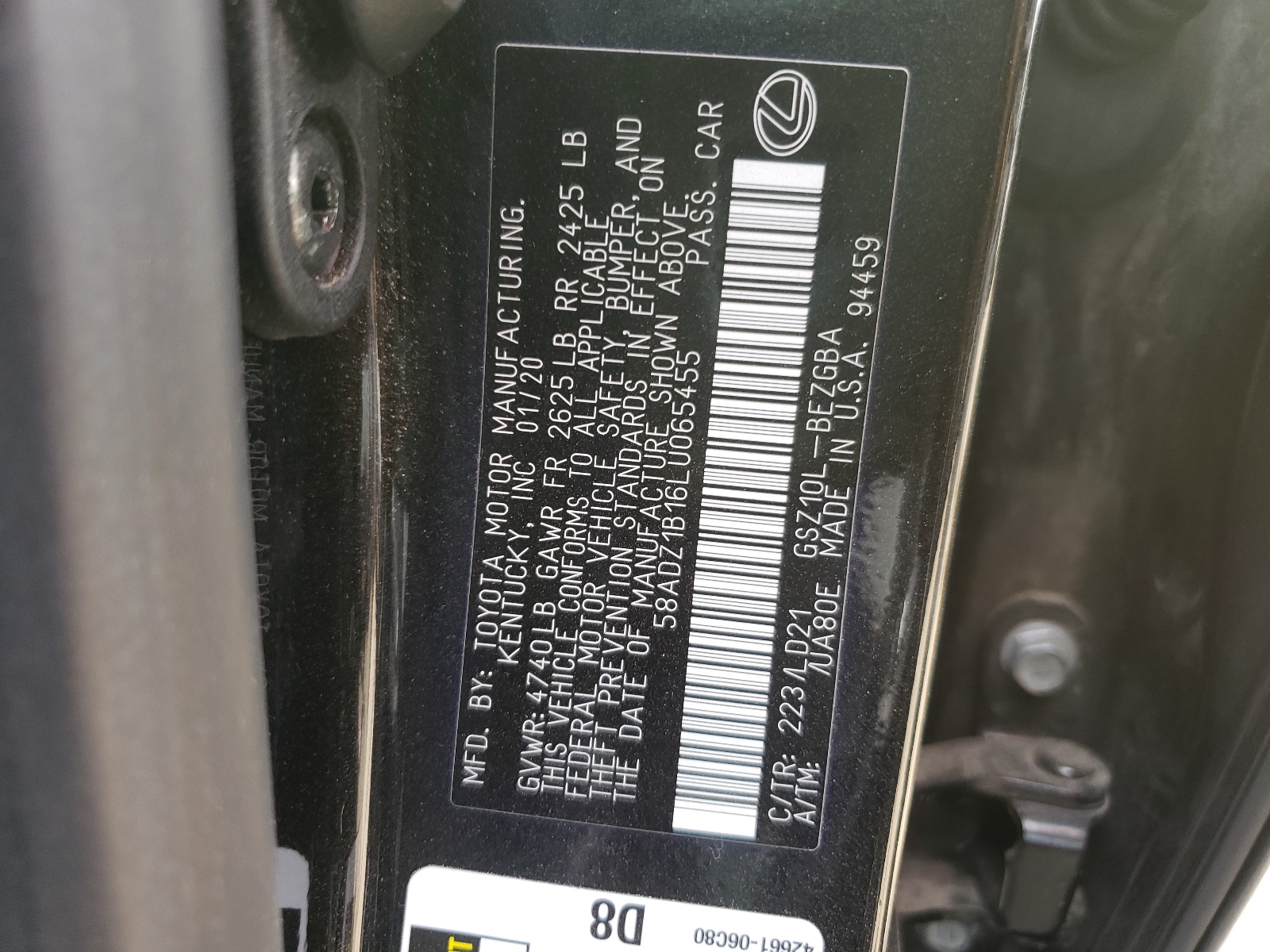 Photo 10 from auction – 2020 LEXUS ES 350 with VIN 58ADZ1B16LU065455