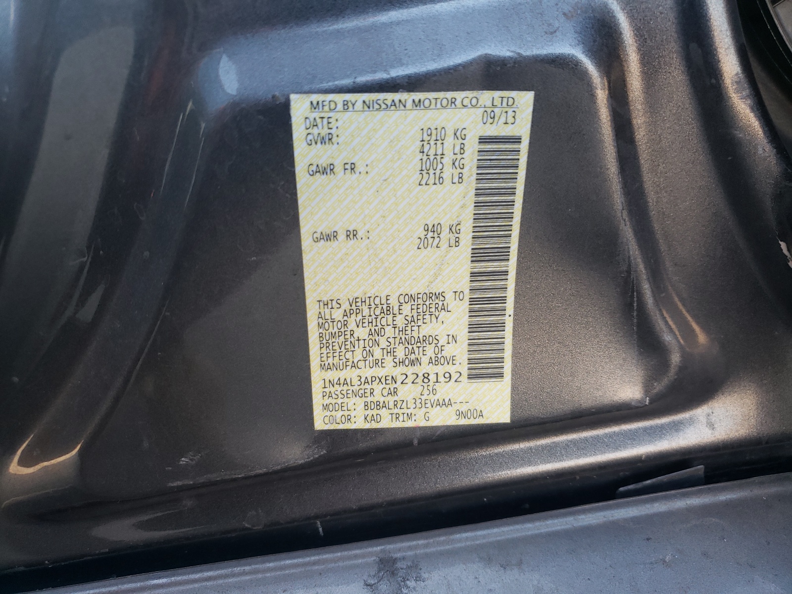 Photo 10 from auction – 2014 NISSAN ALTIMA 2.5 with VIN 1N4AL3APXEN228192