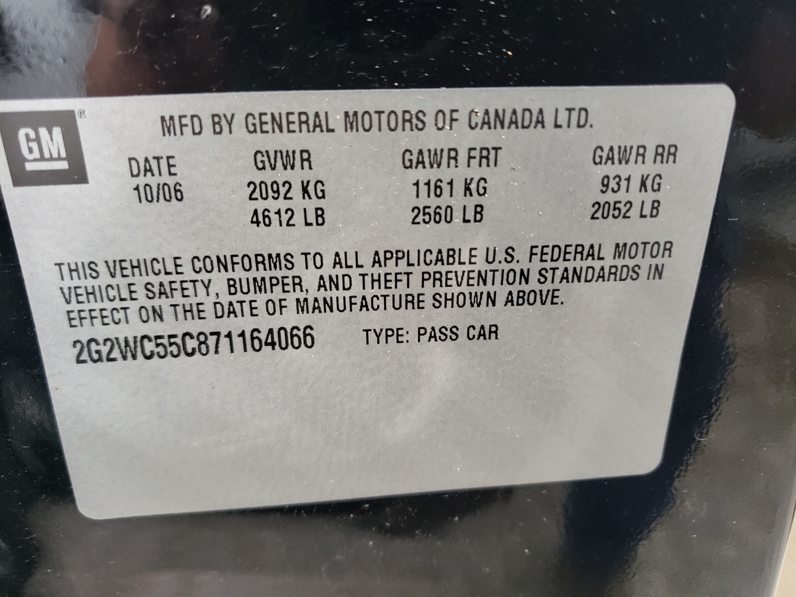 Photo 10 from auction – 2007 PONTIAC GRAND PRIX with VIN 2G2WC55C871164066