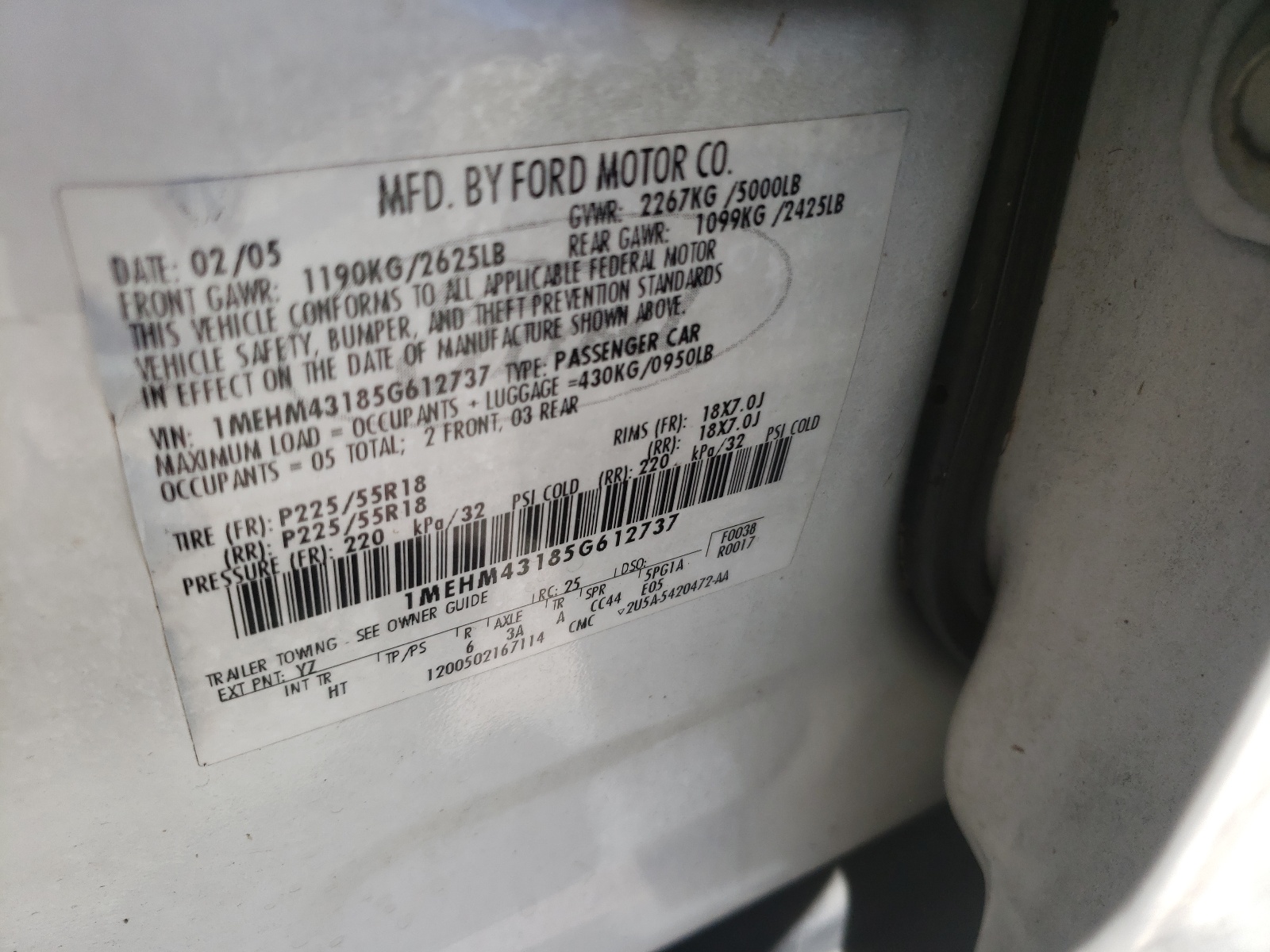 Photo 10 from auction – 2005 MERCURY MONTEGO PR with VIN 1MEHM43185G612737