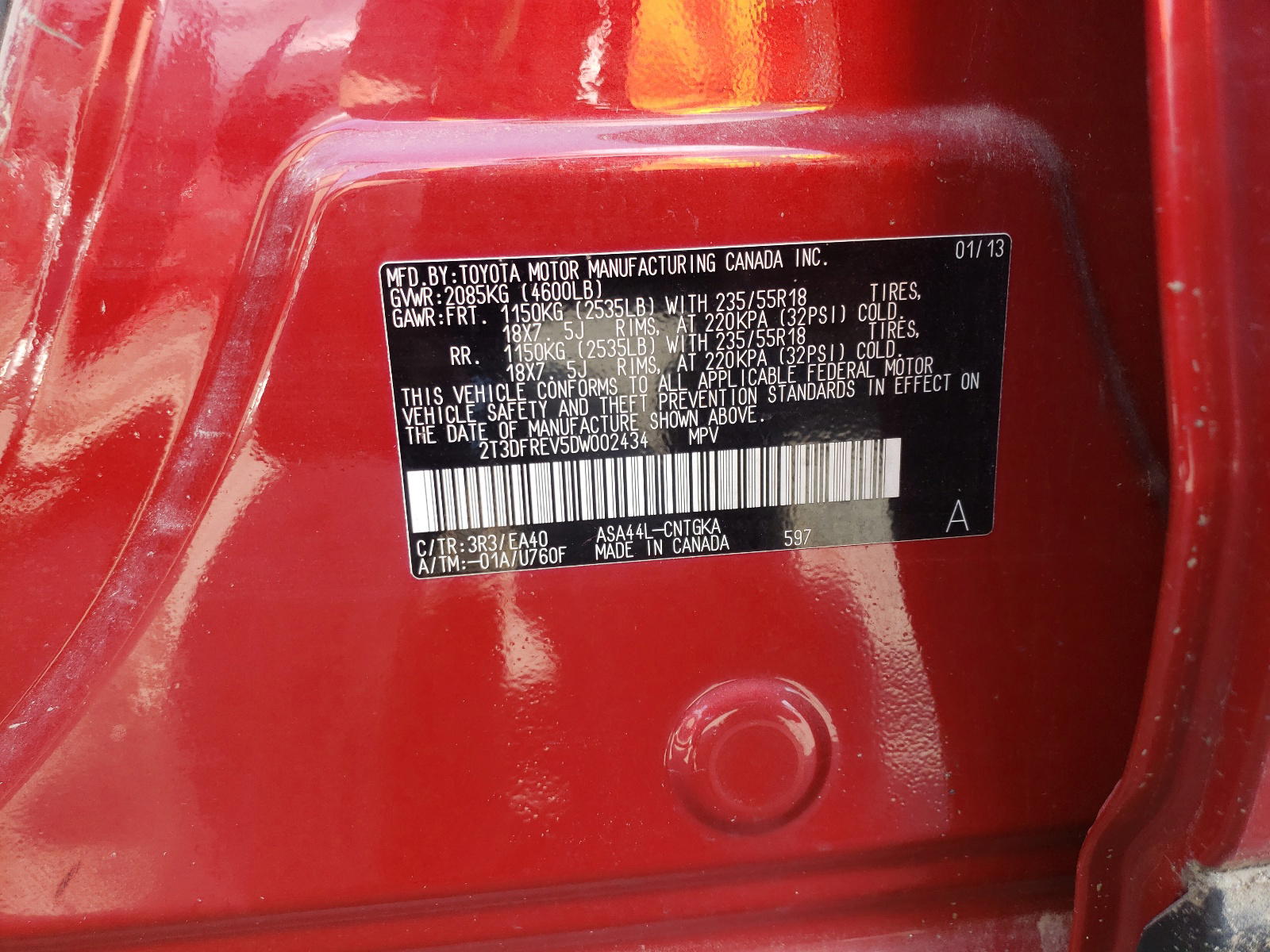 Photo 10 from auction – 2013 TOYOTA RAV4 LIMIT with VIN 2T3DFREV5DW002434