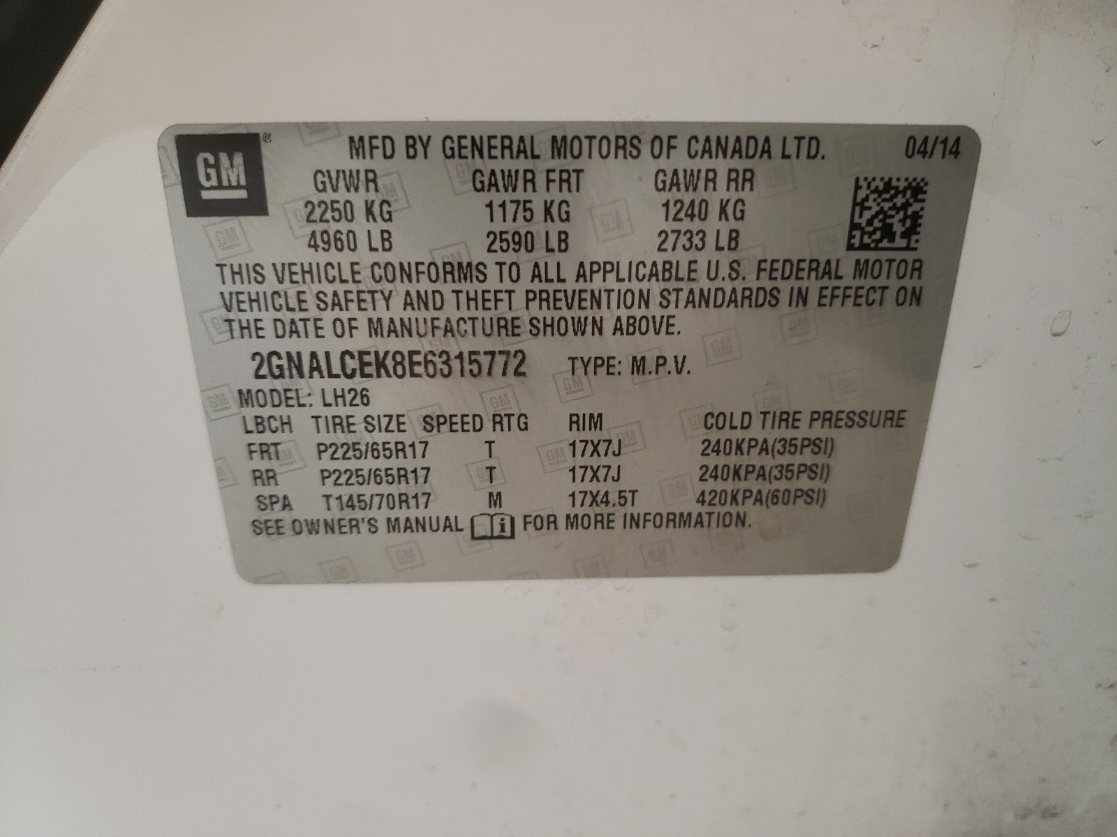 Photo 10 from auction – 2014 CHEVROLET EQUINOX LT with VIN 2GNALCEK8E6315772