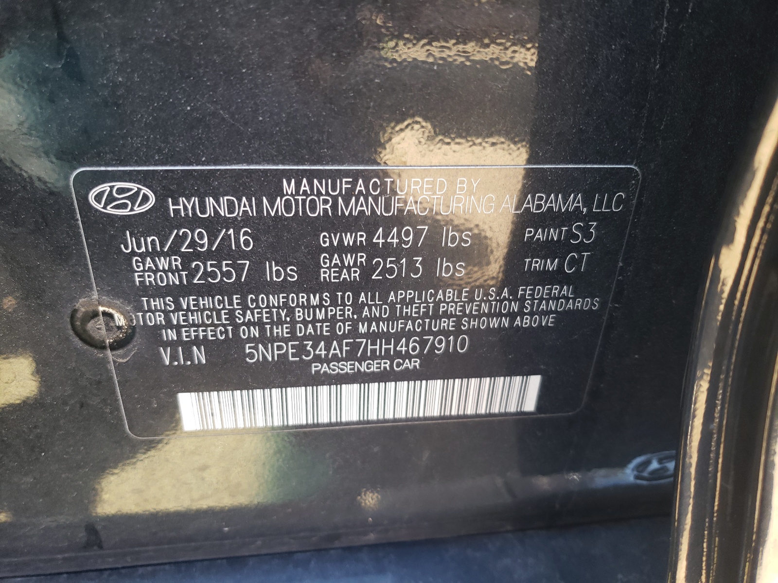 Photo 10 from auction – 2017 HYUNDAI SONATA SPO with VIN 5NPE34AF7HH467910