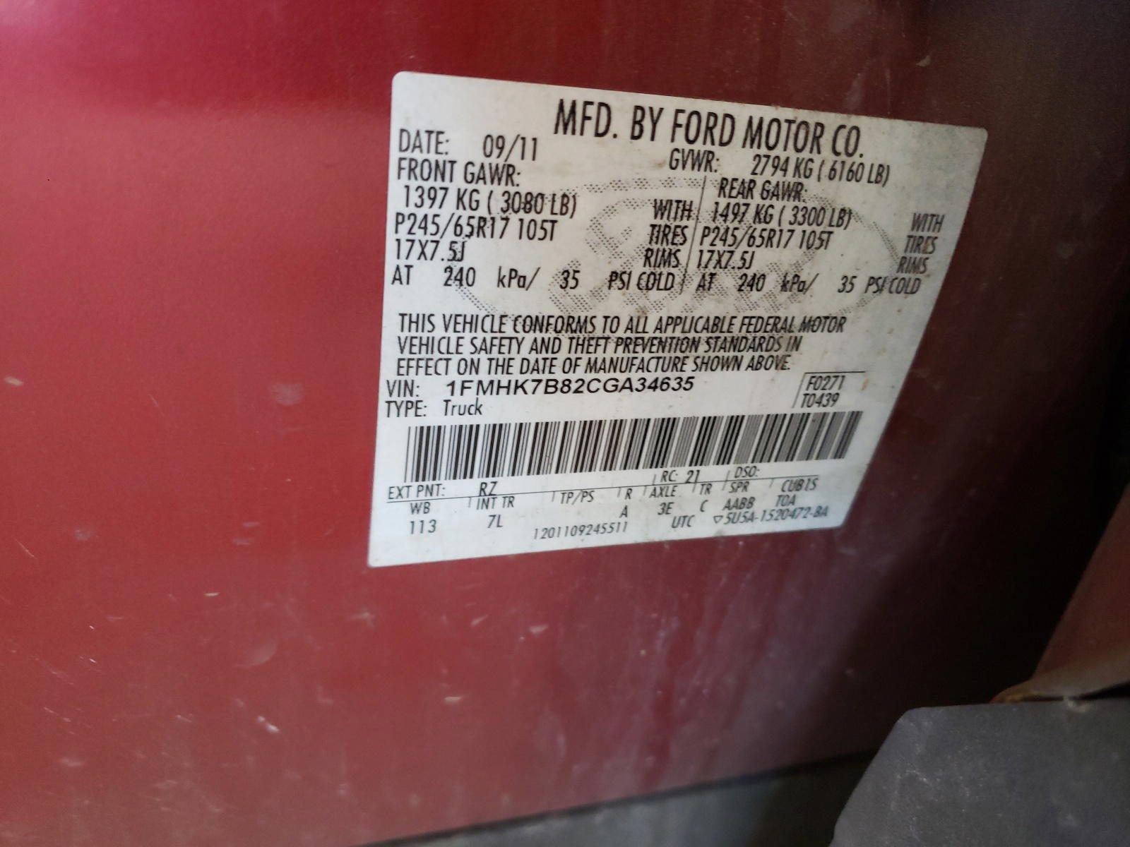 Photo 10 from auction – 2012 FORD EXPLORER with VIN 1FMHK7B82CGA34635