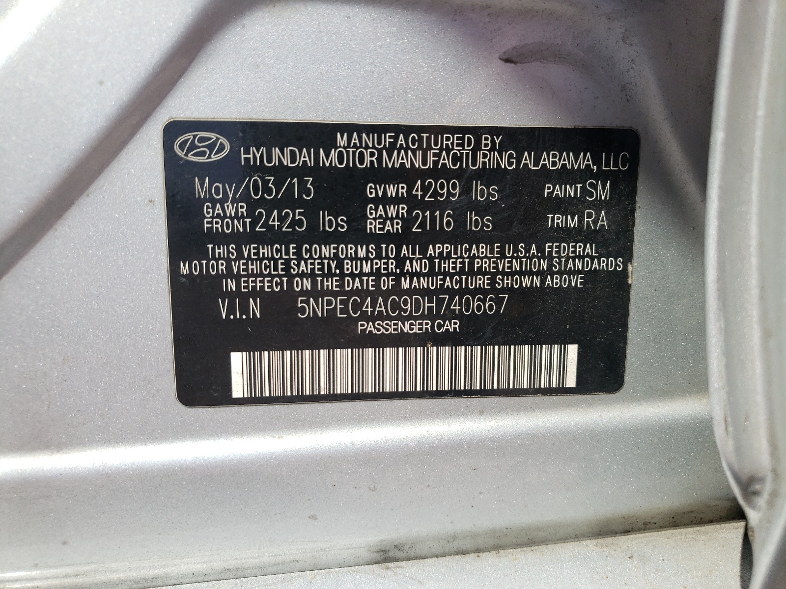 Photo 10 from auction – 2013 HYUNDAI SONATA SE with VIN 5NPEC4AC9DH740667