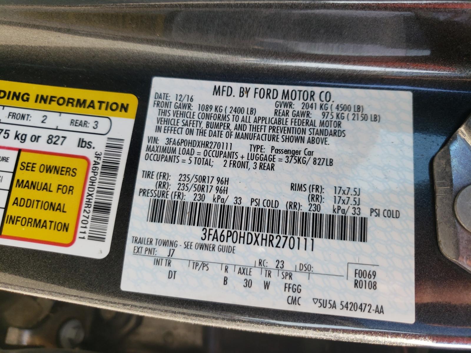 Photo 10 from auction – 2017 FORD FUSION SE with VIN 3FA6P0HDXHR270111