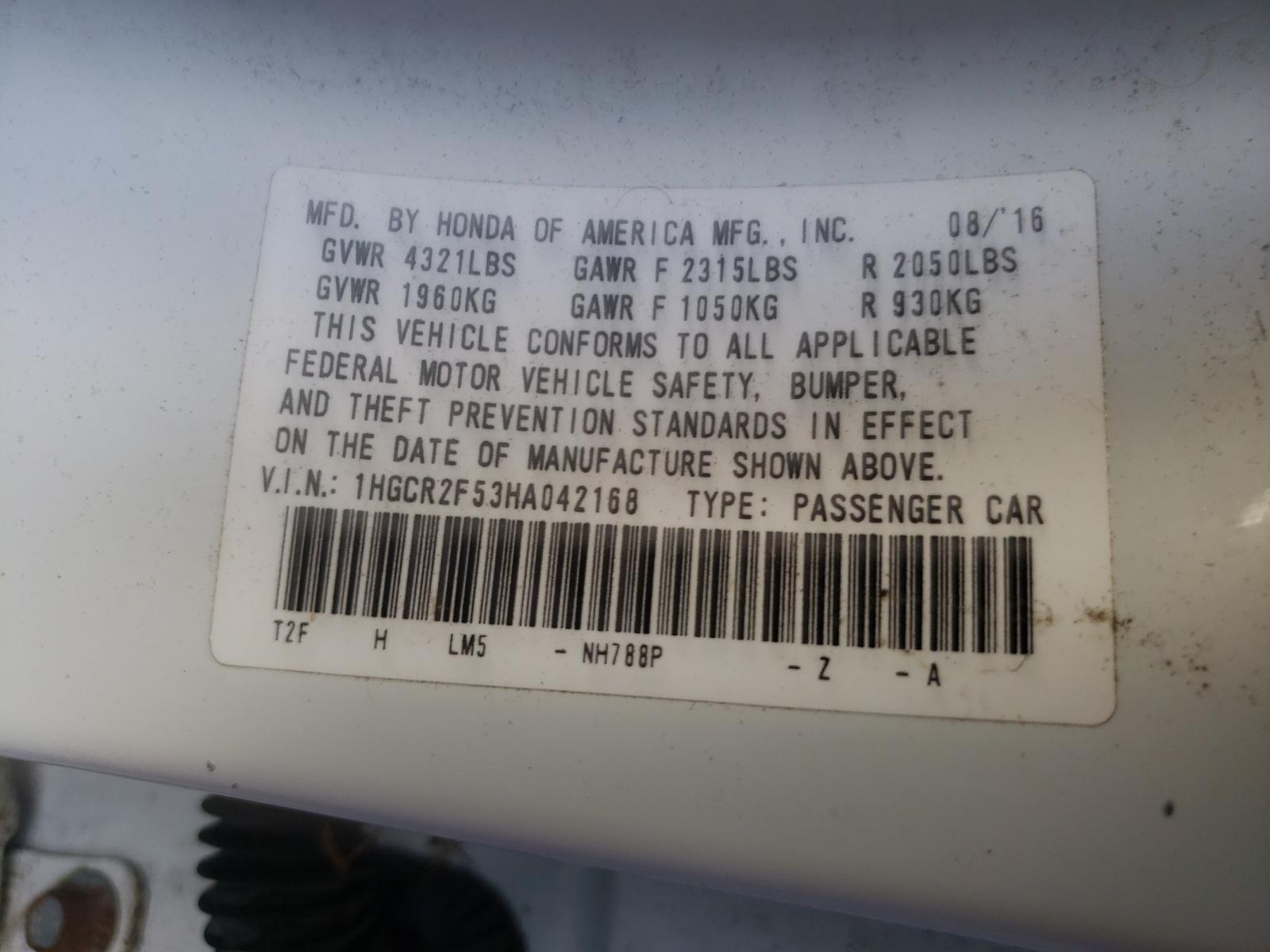 Photo 10 from auction – 2017 HONDA ACCORD SPO with VIN 1HGCR2F53HA042168