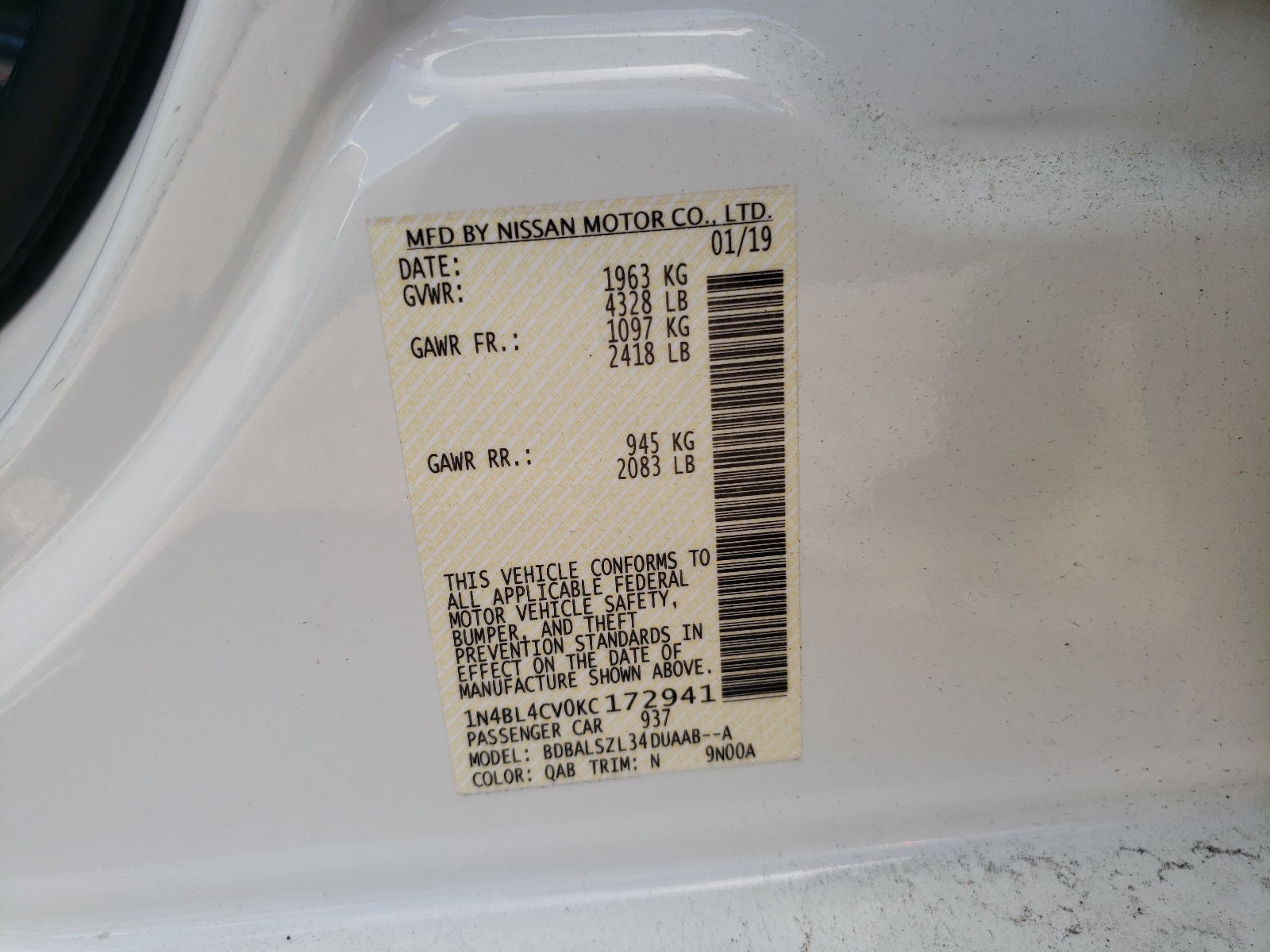 Photo 10 from auction – 2019 NISSAN ALTIMA SR with VIN 1N4BL4CV0KC172941