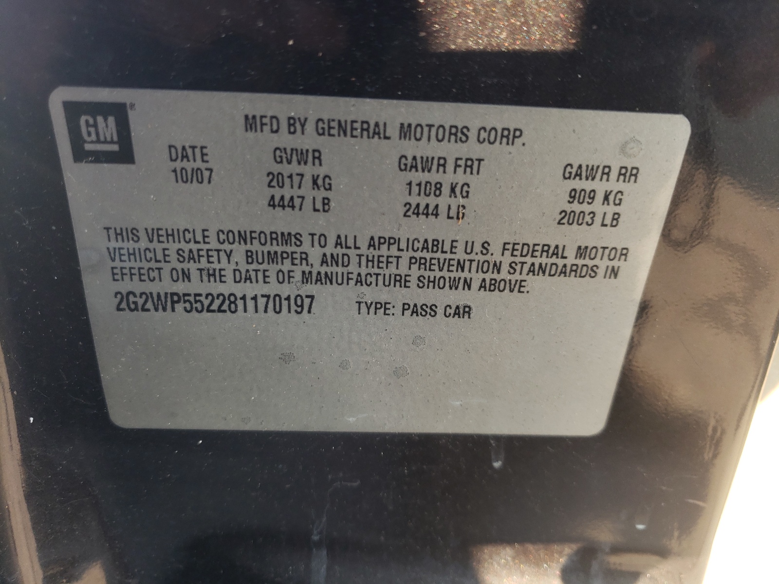 Photo 10 from auction – 2008 PONTIAC GRAND PRIX with VIN 2G2WP552281170197