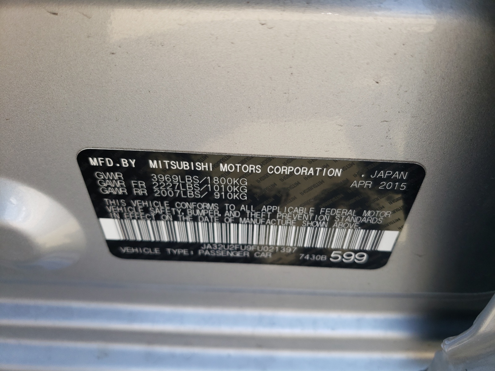 Photo 10 from auction – 2015 MITSUBISHI LANCER ES with VIN JA32U2FU9FU021397