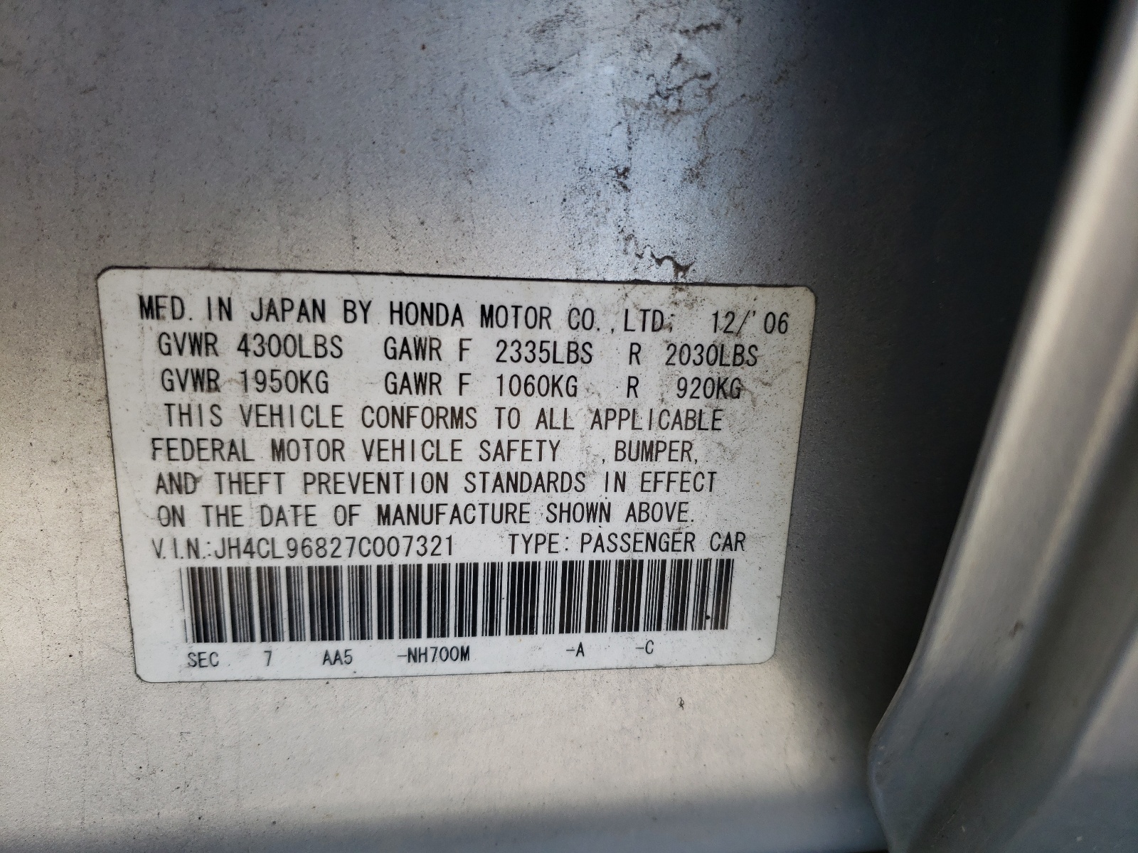 Photo 10 from auction – 2007 ACURA TSX with VIN JH4CL96827C007321