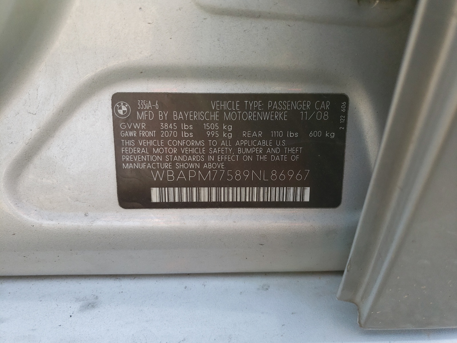 Photo 10 from auction – 2009 BMW 335 I with VIN WBAPM77589NL86967