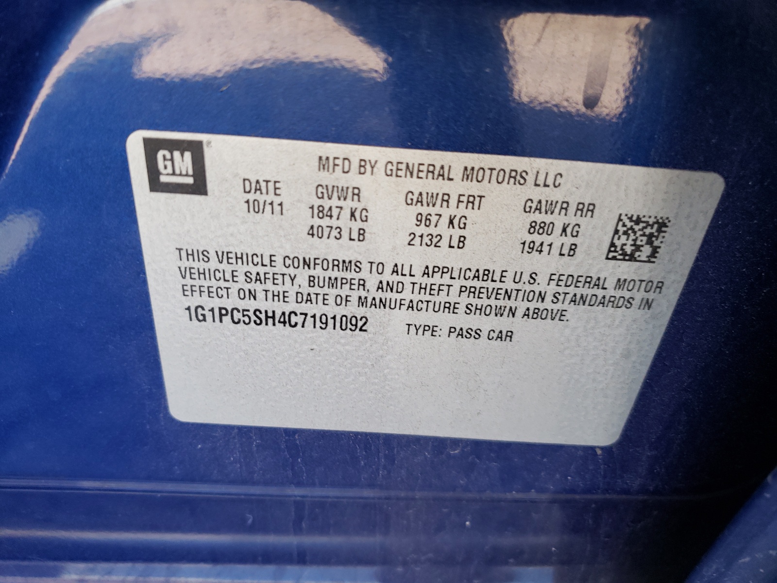 Photo 10 from auction – 2012 CHEVROLET CRUZE LS with VIN 1G1PC5SH4C7191092