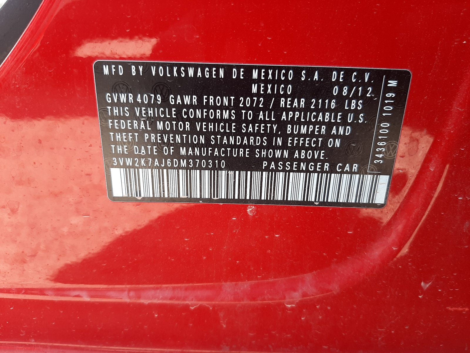 Photo 10 from auction – 2013 VOLKSWAGEN JETTA BASE with VIN 3VW2K7AJ6DM370310