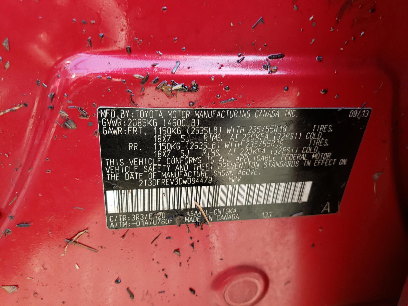 Photo 10 from auction – 2013 TOYOTA RAV4 LIMIT with VIN 2T3DFREV3DW094479