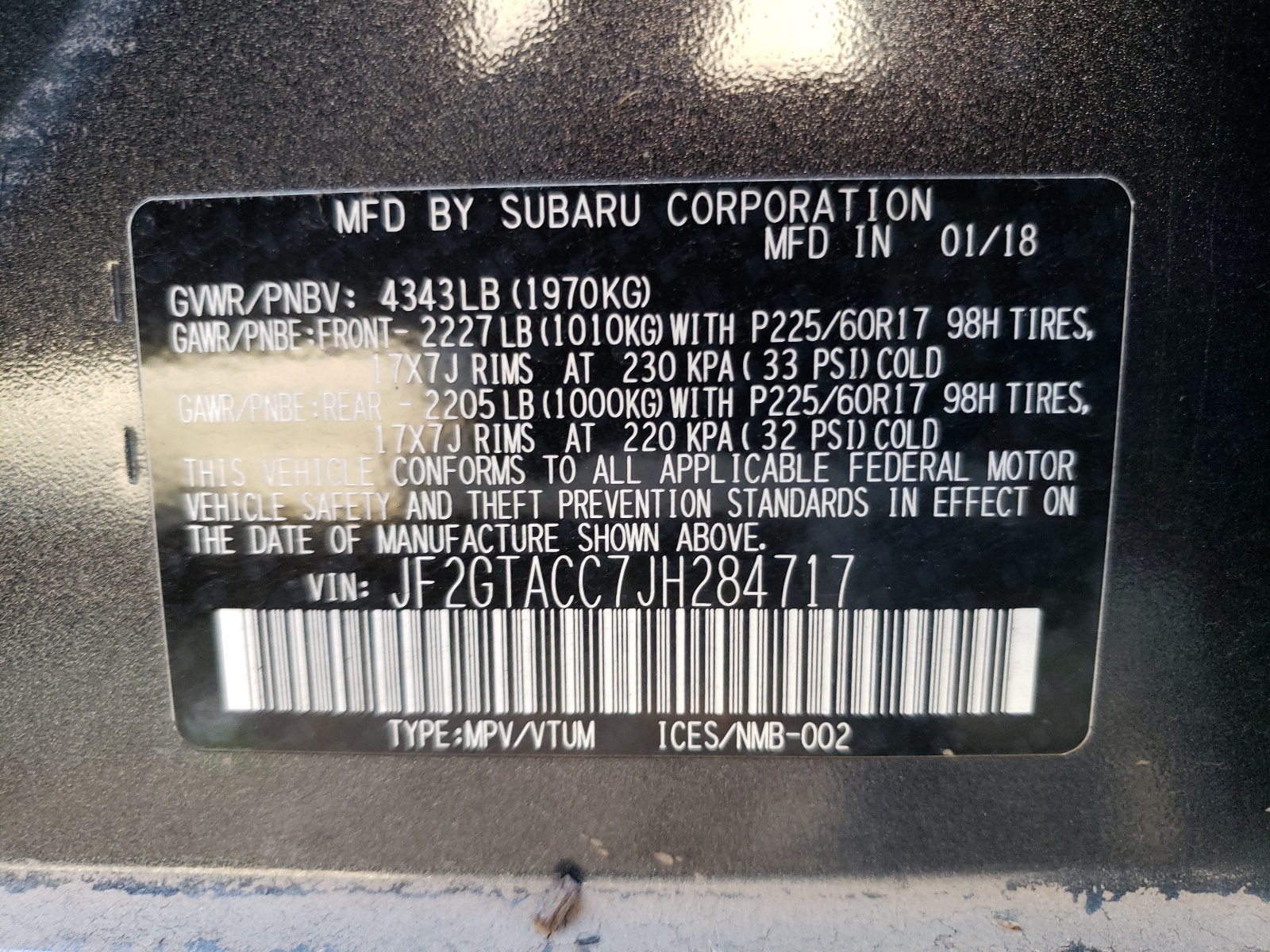Photo 10 from auction – 2018 SUBARU CROSSTREK with VIN JF2GTACC7JH284717