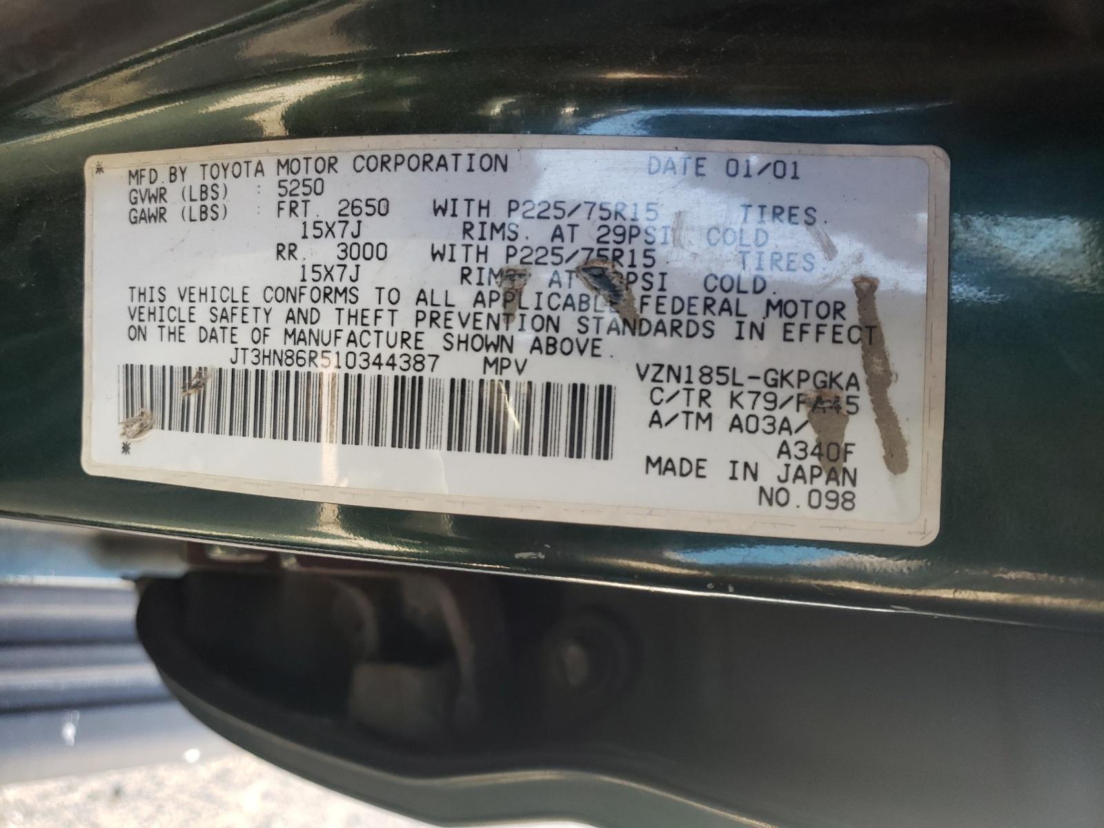 Photo 10 from auction – 2001 TOYOTA 4RUNNER SR with VIN JT3HN86R510344387