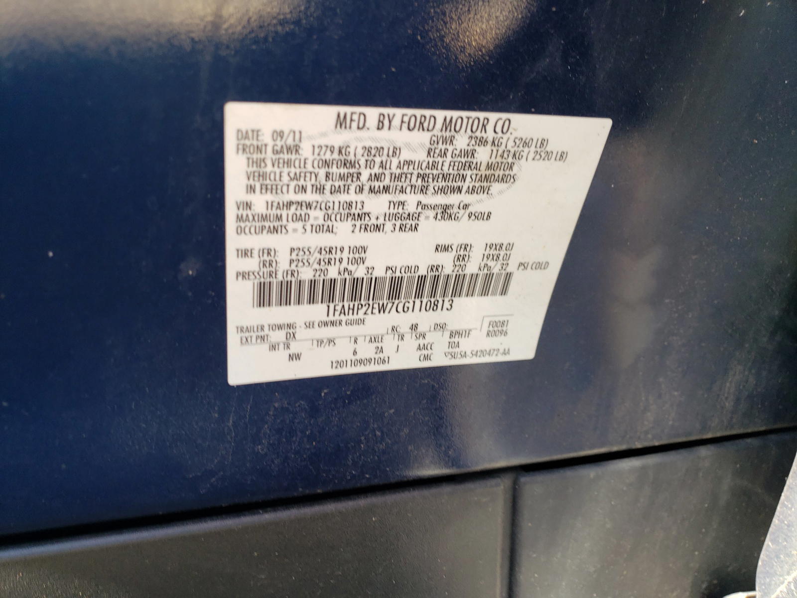 Photo 10 from auction – 2012 FORD TAURUS SEL with VIN 1FAHP2EW7CG110813