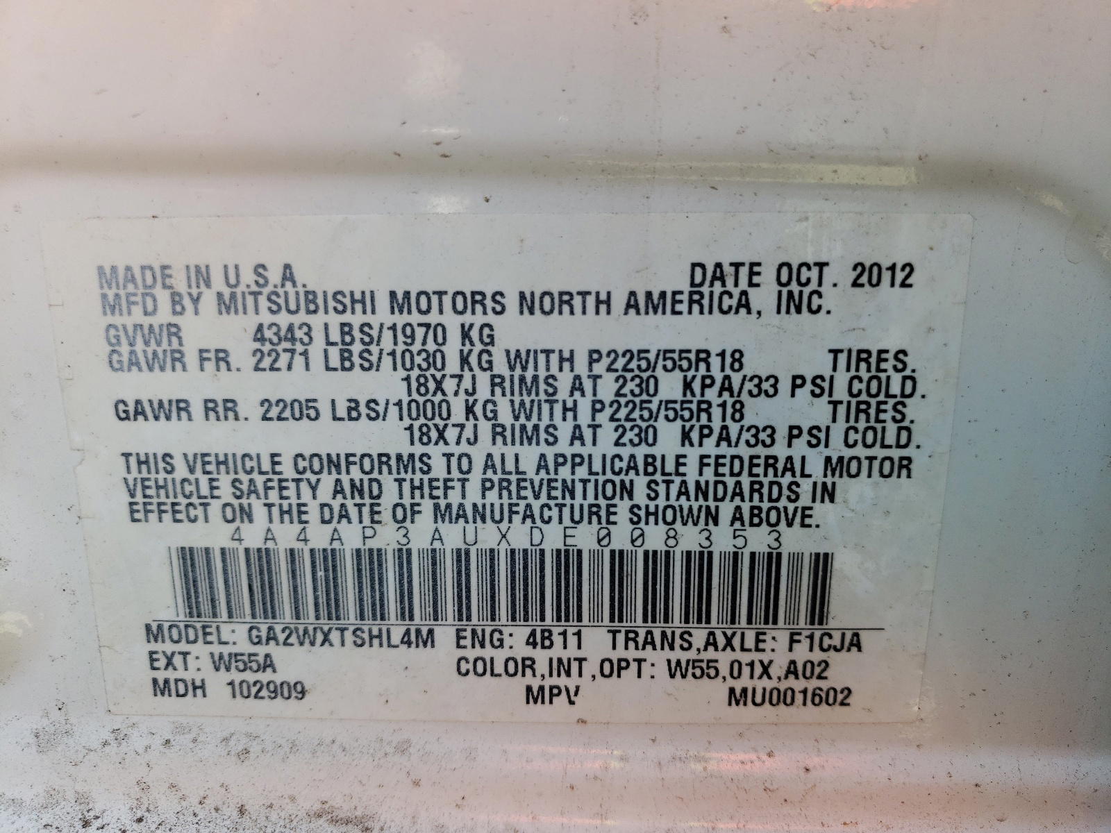 Photo 10 from auction – 2013 MITSUBISHI OUTLANDER with VIN 4A4AP3AUXDE008353