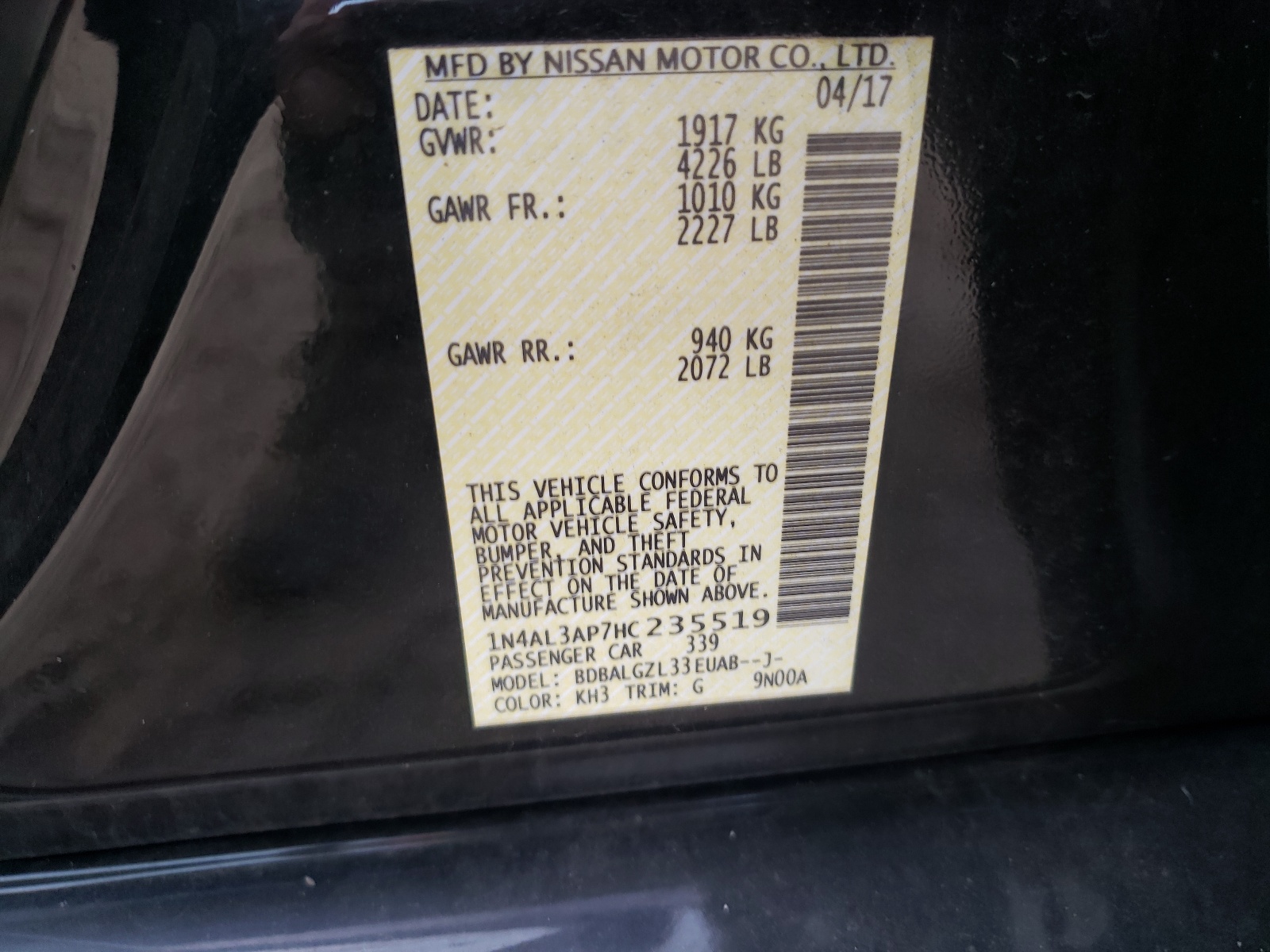 Photo 10 from auction – 2017 NISSAN ALTIMA 2.5 with VIN 1N4AL3AP7HC235519