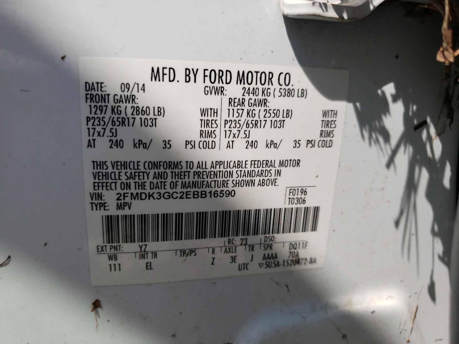 Photo 10 from auction – 2014 FORD EDGE SE with VIN 2FMDK3GC2EBB16590