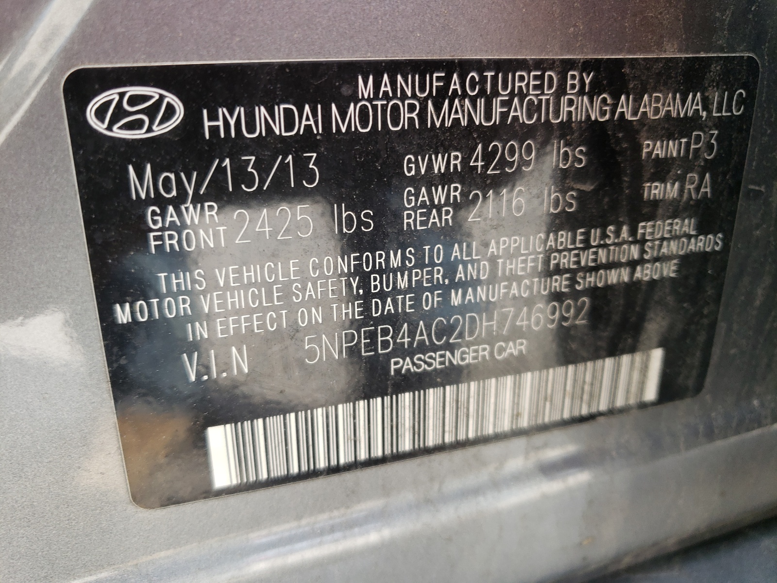 Photo 10 from auction – 2013 HYUNDAI SONATA GLS with VIN 5NPEB4AC2DH746992