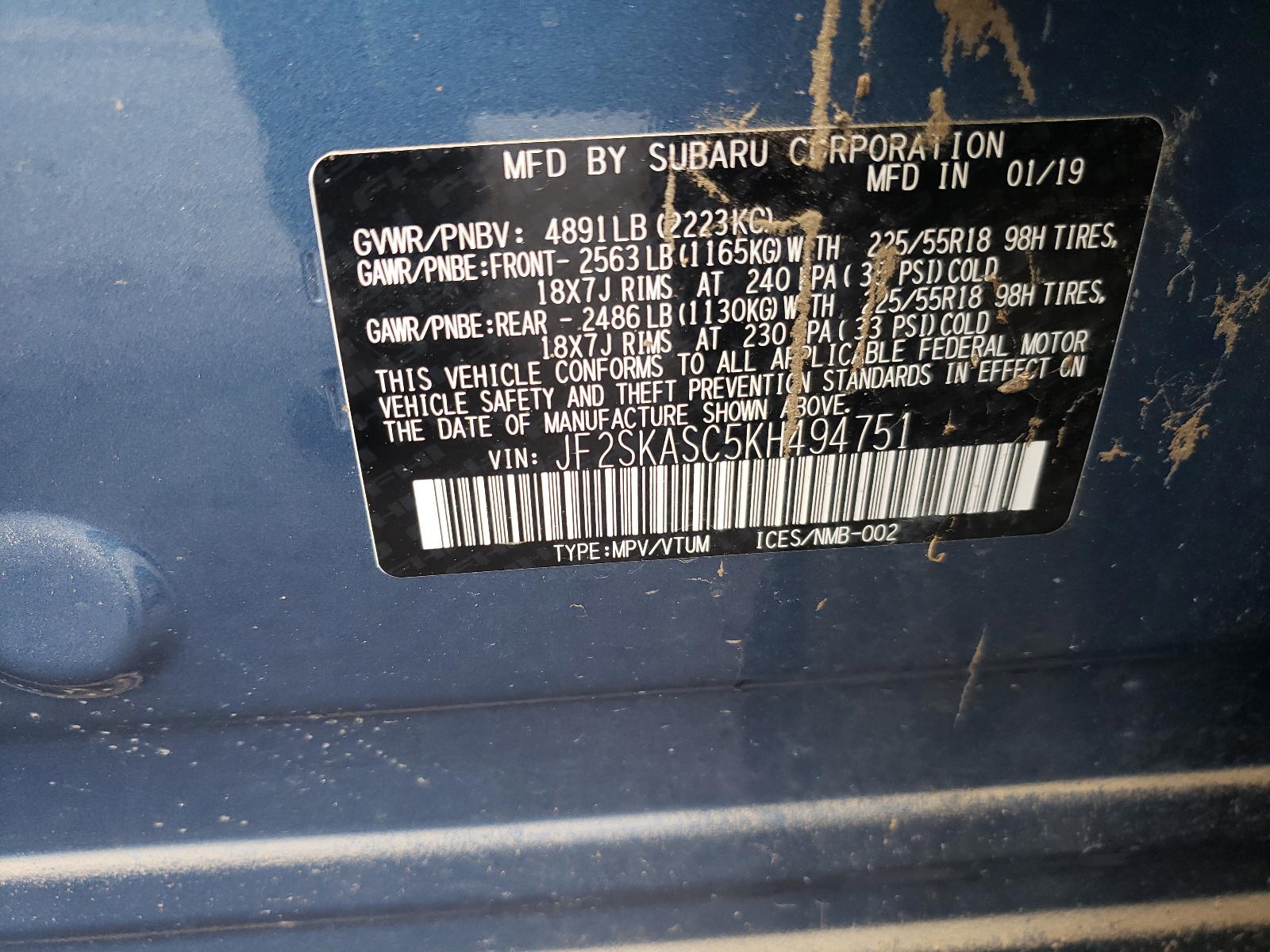 Photo 10 from auction – 2019 SUBARU FORESTER L with VIN JF2SKASC5KH494751
