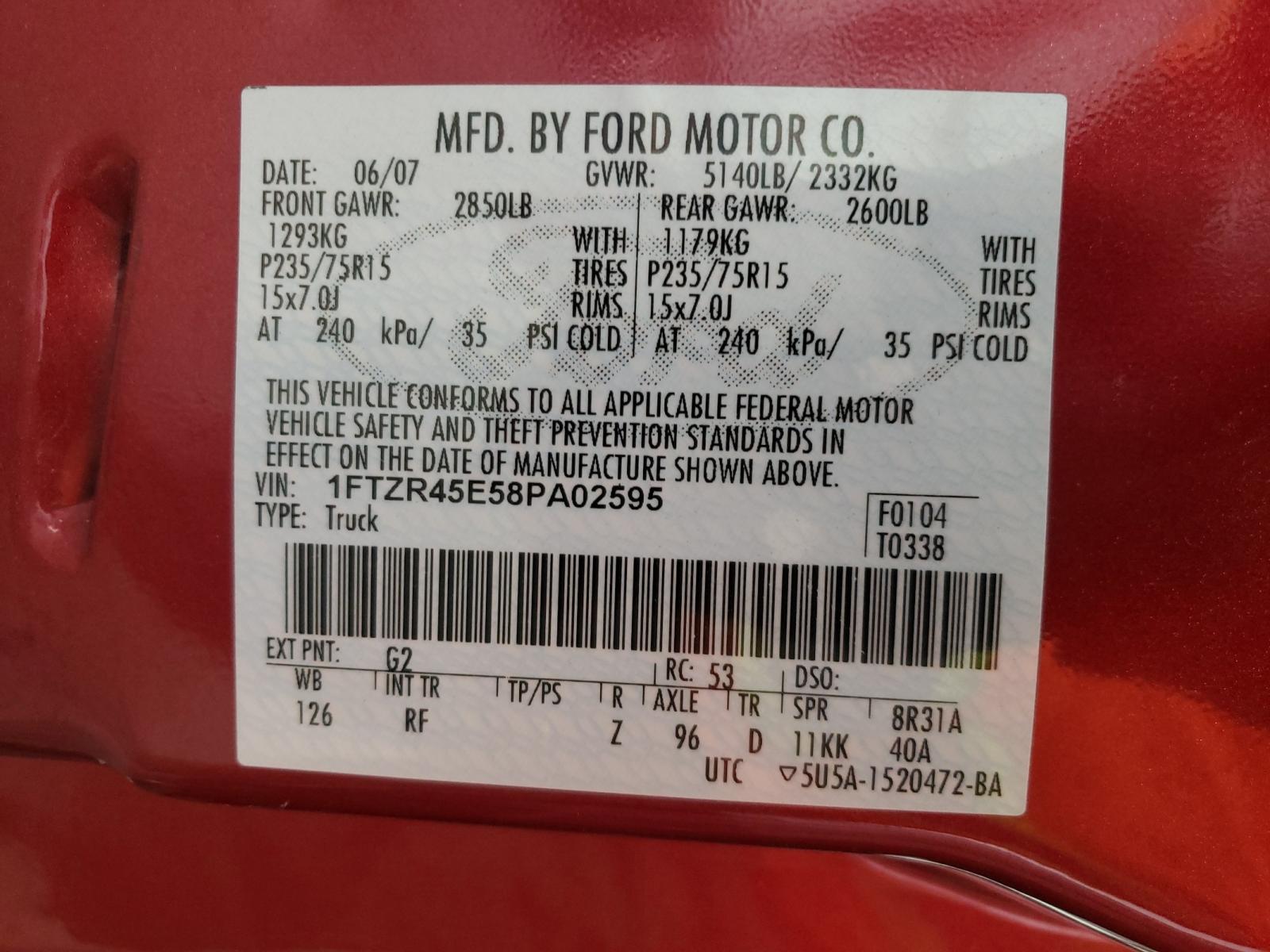 Photo 10 from auction – 2008 FORD RANGER SUP with VIN 1FTZR45E58PA02595