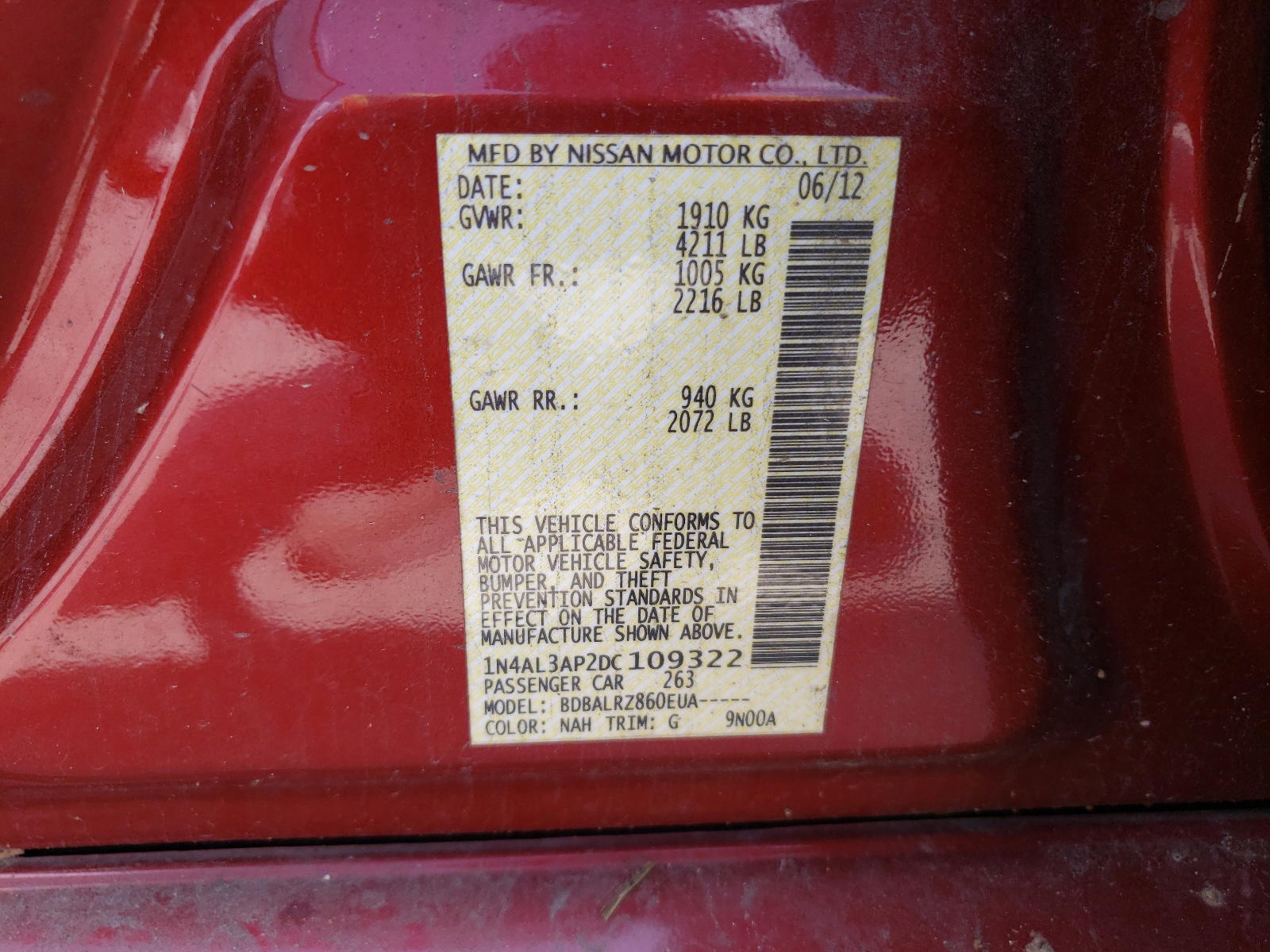 Photo 10 from auction – 2013 NISSAN ALTIMA with VIN 1N4AL3AP2DC109322
