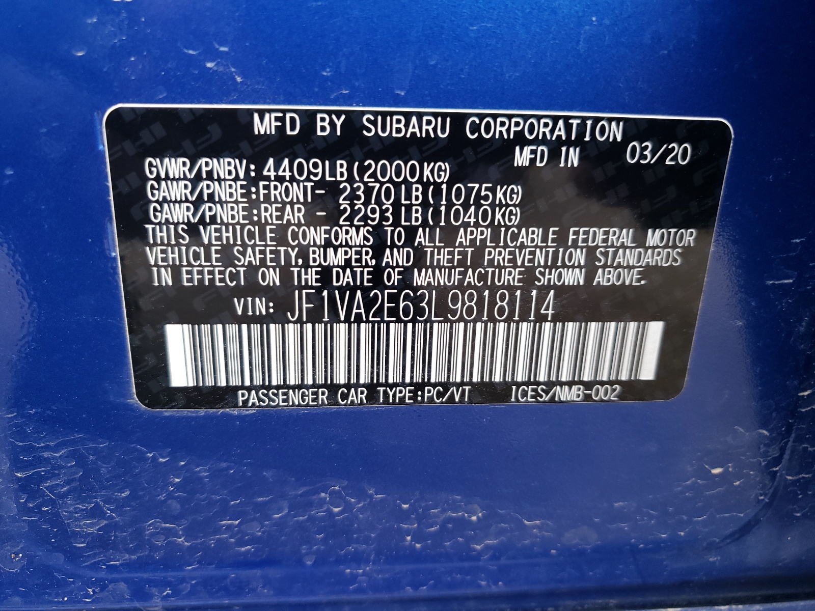Photo 10 from auction – 2020 SUBARU WRX STI with VIN JF1VA2E63L9818114