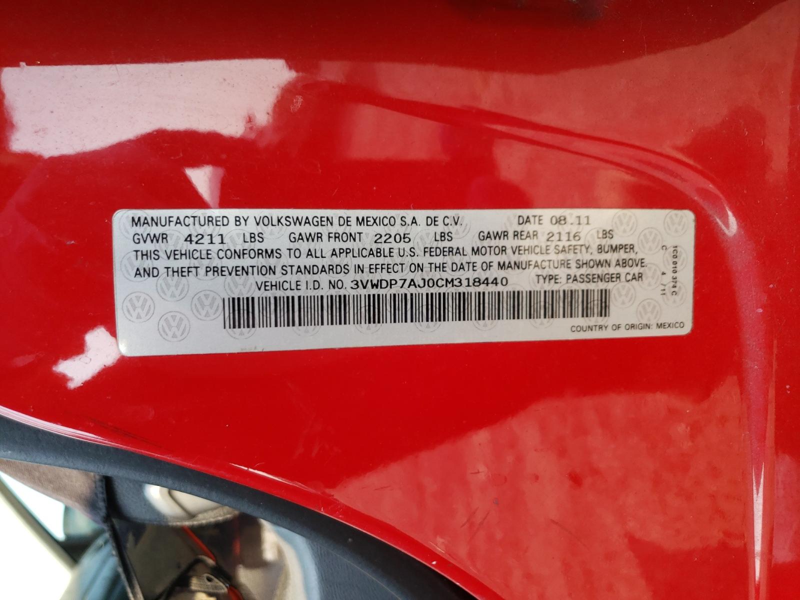 Photo 10 from auction – 2012 VOLKSWAGEN JETTA SE with VIN 3VWDP7AJ0CM318440