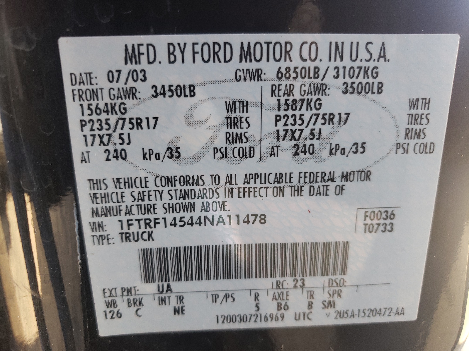 Photo 10 from auction – 2004 FORD F150 with VIN 1FTRF14544NA11478