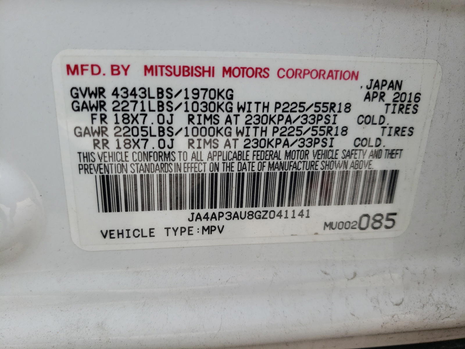 Photo 10 from auction – 2016 MITSUBISHI OUTLANDER with VIN JA4AP3AU8GZ041141